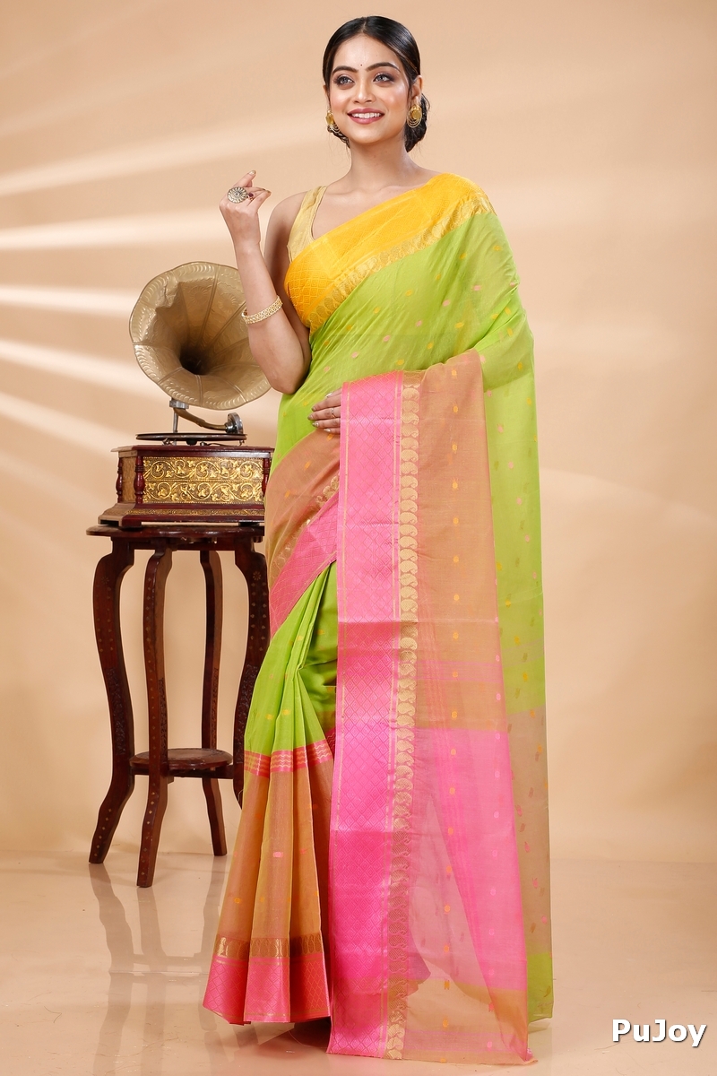Light Green Pure Cotton Ganga Jamuna_Buti Tant Saree (649)