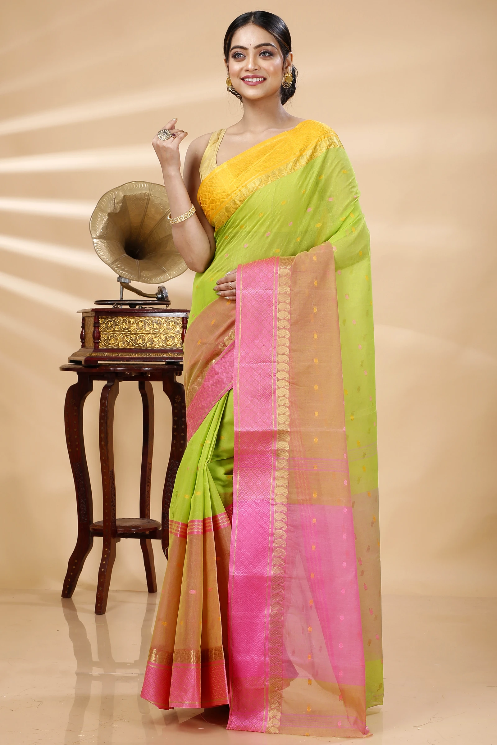 Light Green Pure Cotton Ganga Jamuna_Buti Tant Saree (649)