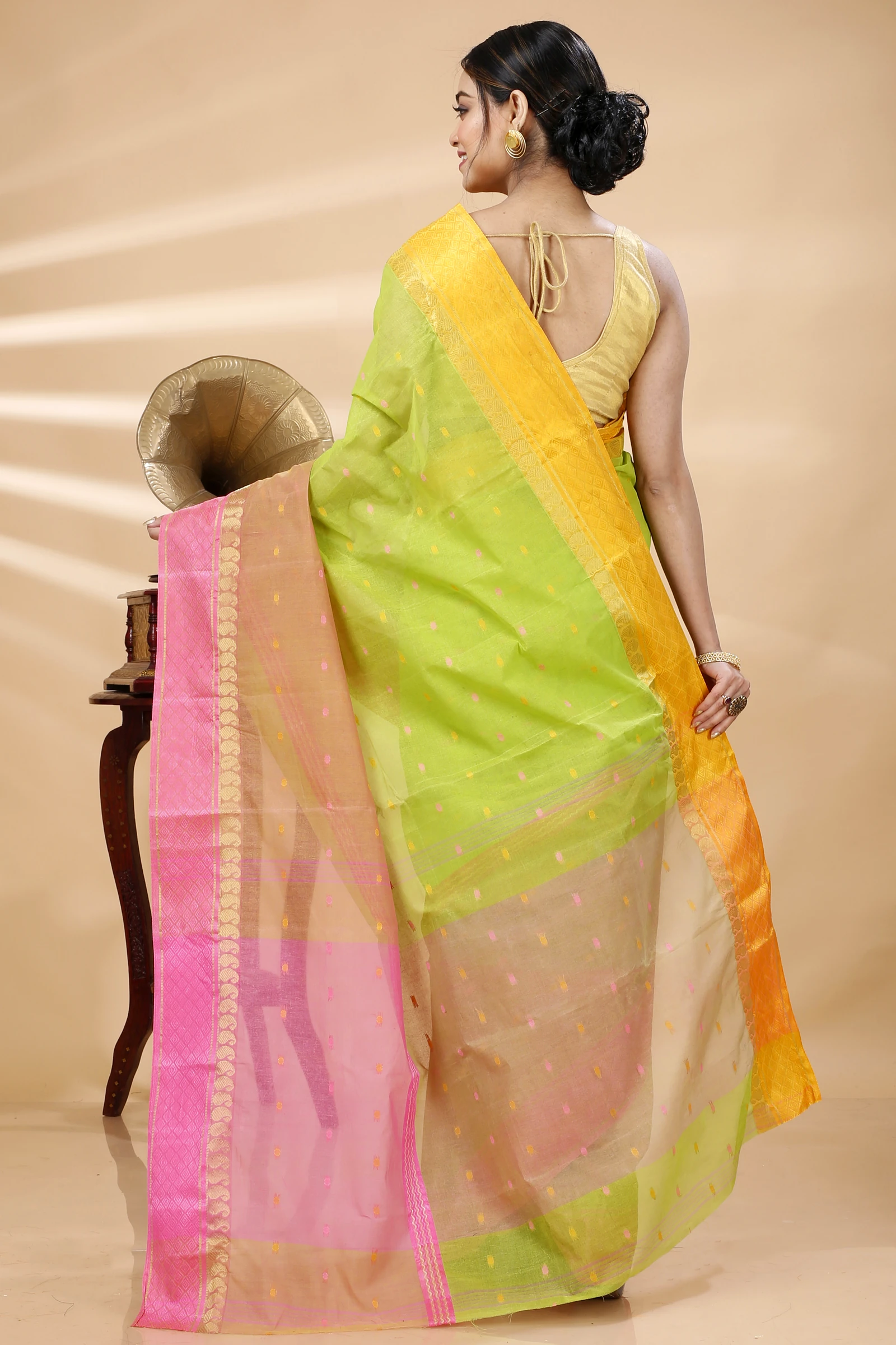 Light Green Pure Cotton Ganga Jamuna_Buti Tant Saree (649)