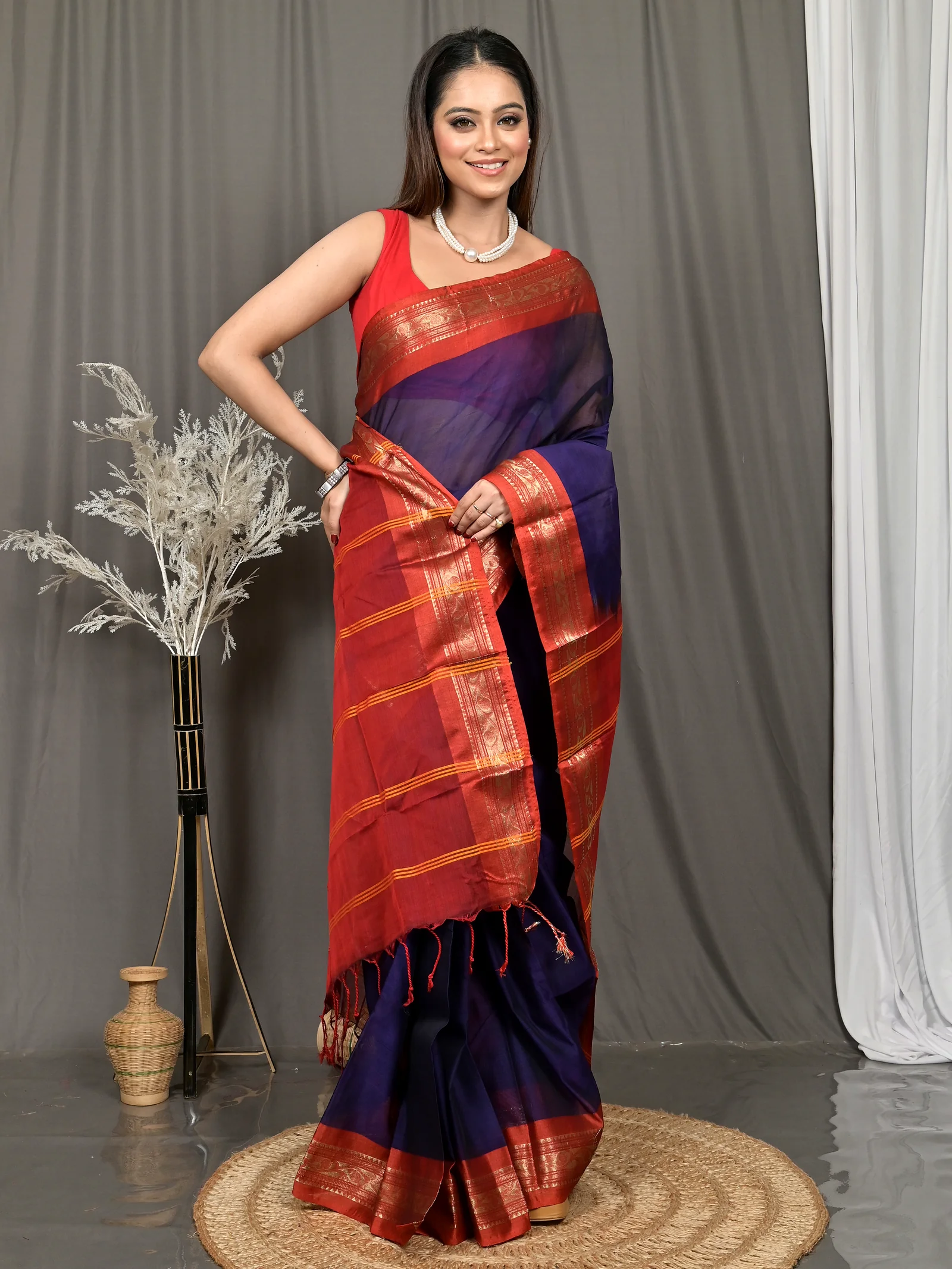 Dark Blue Cotton Parlik Gadwal Saree  (65)