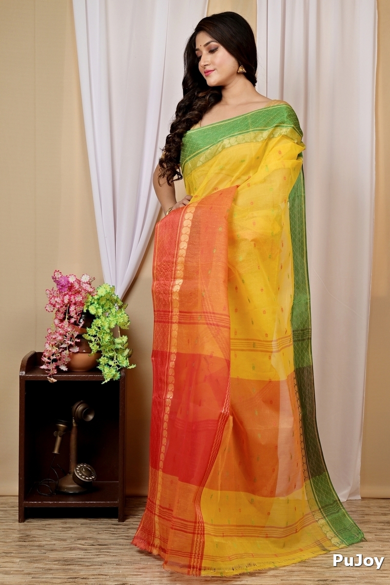 Yellow Pure Cotton Ganga Jamuna_Buti Tant Saree (650)