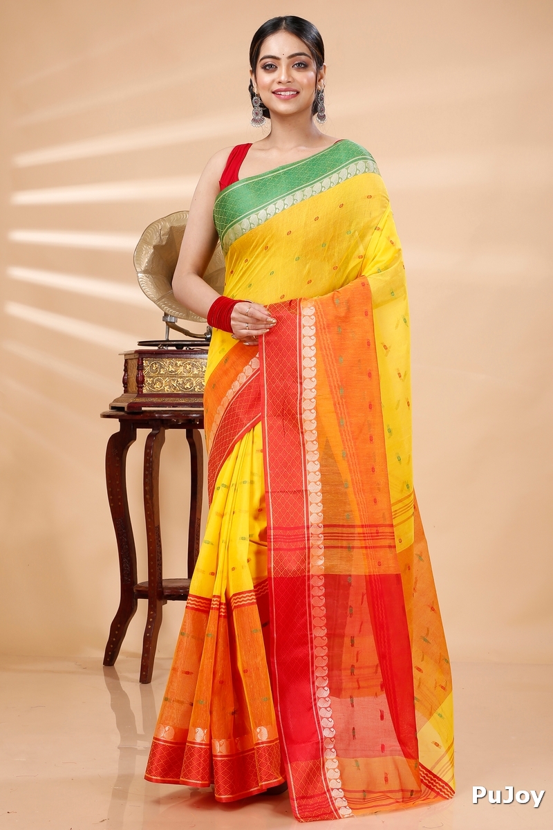 Yellow Pure Cotton Ganga Jamuna_Buti Tant Saree (650)