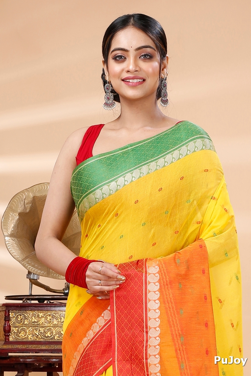 Yellow Pure Cotton Ganga Jamuna_Buti Tant Saree (650)