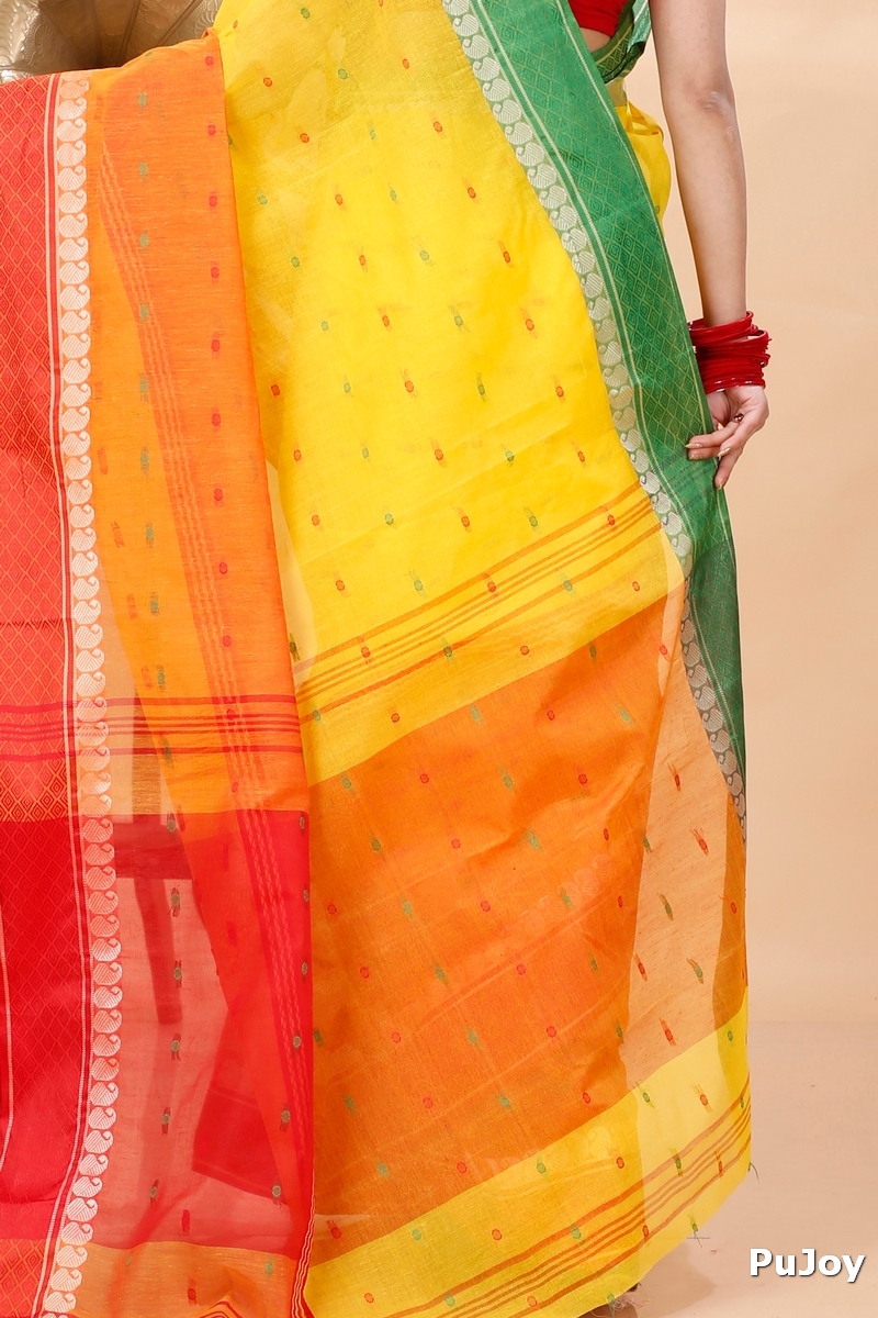 Yellow Pure Cotton Ganga Jamuna_Buti Tant Saree (650)