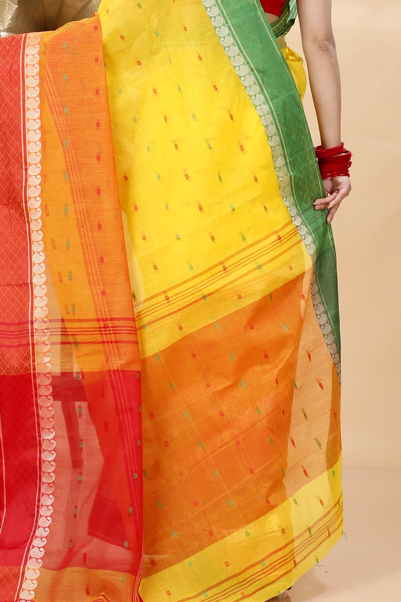 Yellow Pure Cotton Ganga Jamuna_Buti Tant Saree (650)