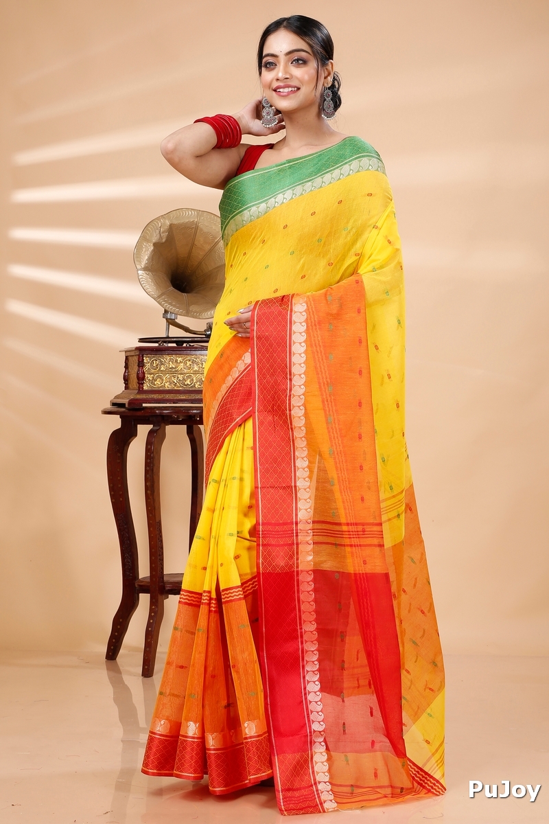 Yellow Pure Cotton Ganga Jamuna_Buti Tant Saree (650)