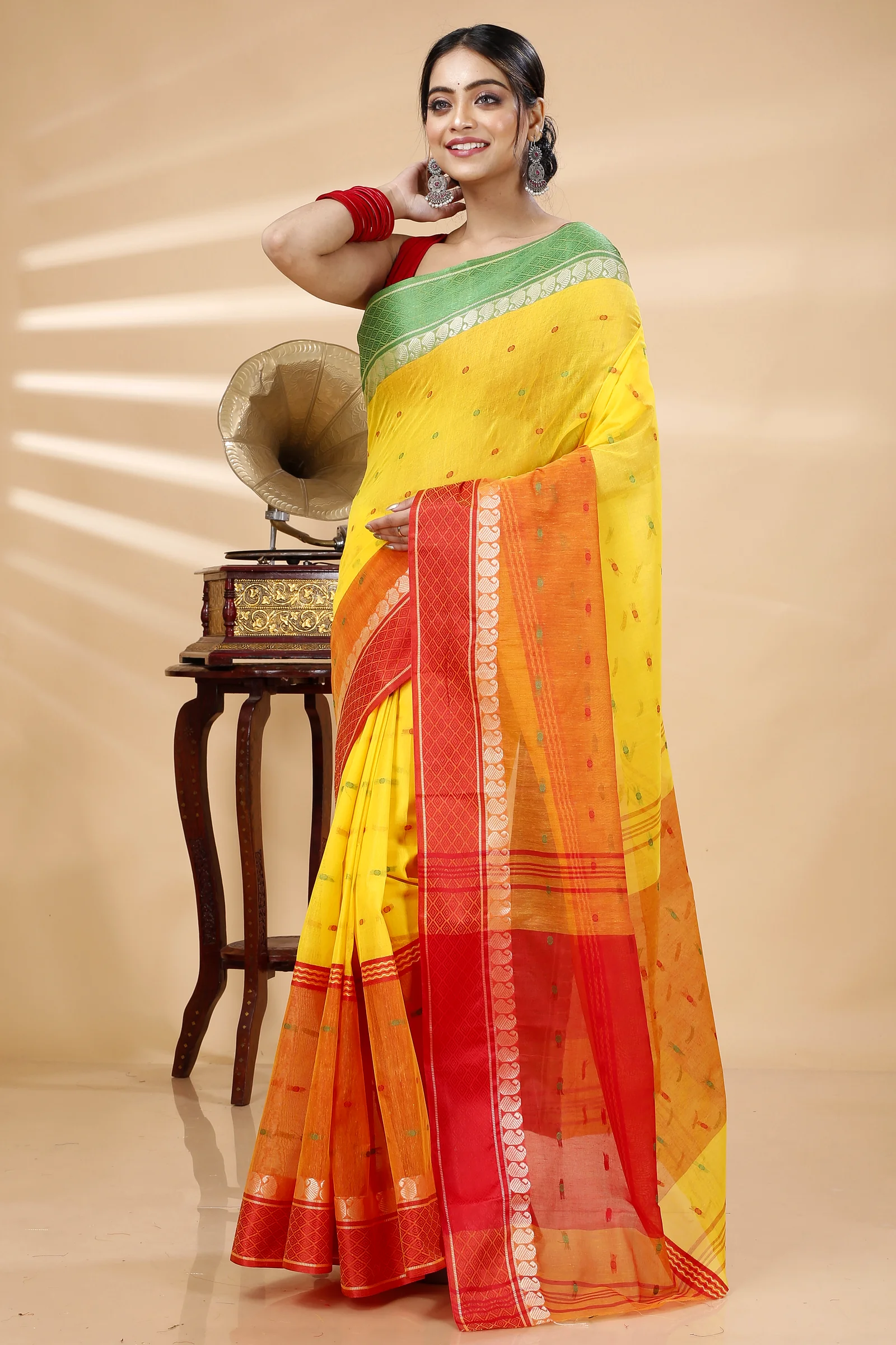 Yellow Pure Cotton Ganga Jamuna_Buti Tant Saree (650)