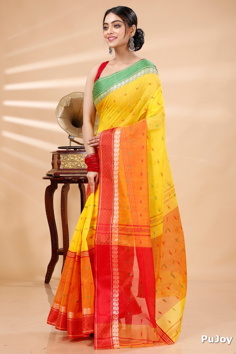 Yellow Pure Cotton Ganga Jamuna_Buti Tant Saree (650)