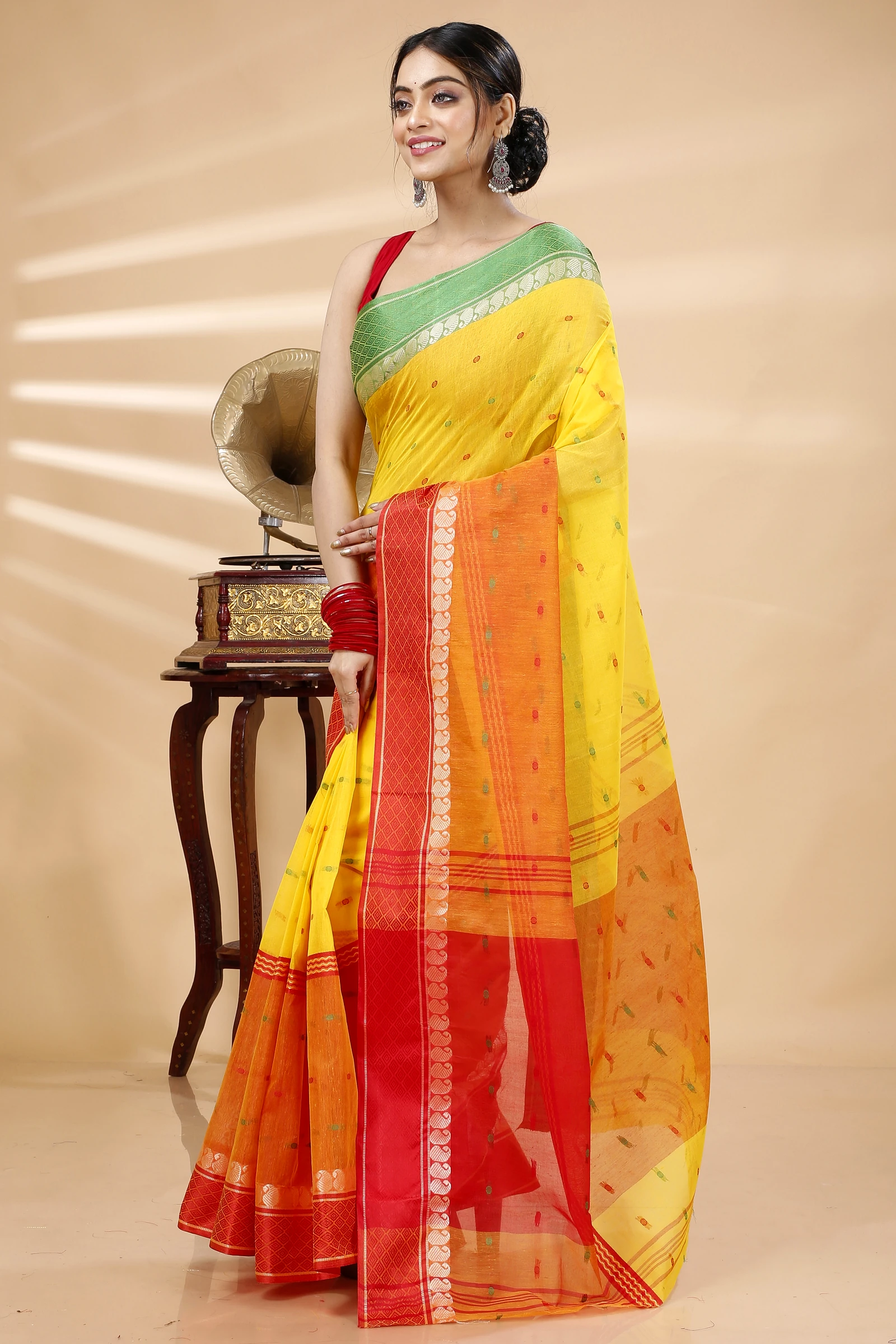 Yellow Pure Cotton Ganga Jamuna_Buti Tant Saree (650)