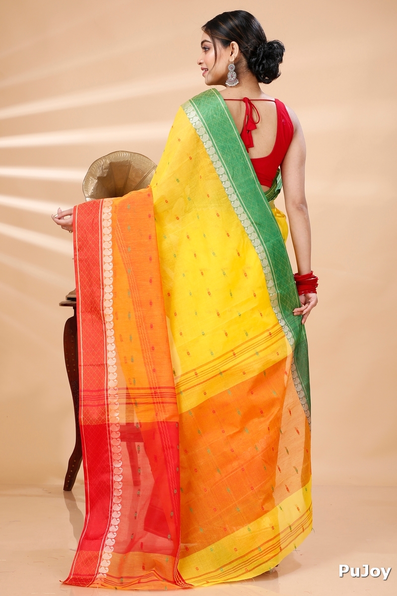 Yellow Pure Cotton Ganga Jamuna_Buti Tant Saree (650)