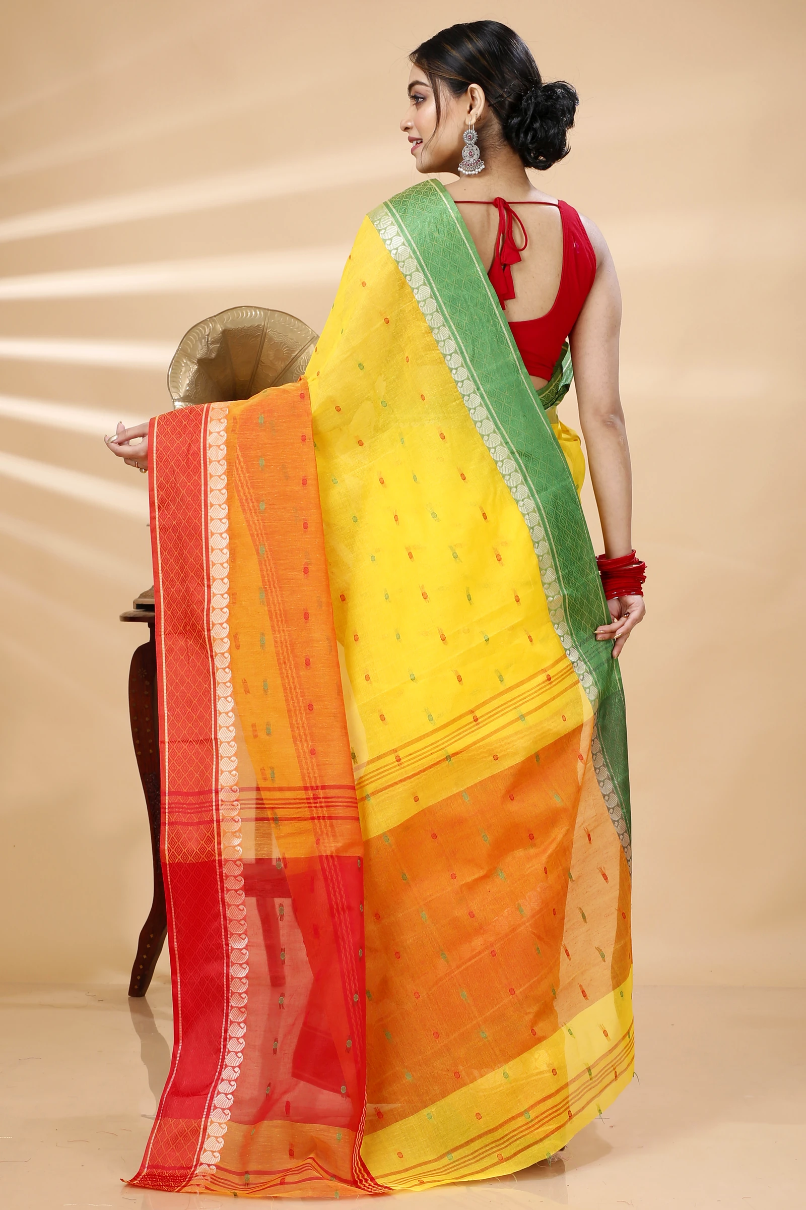 Yellow Pure Cotton Ganga Jamuna_Buti Tant Saree (650)
