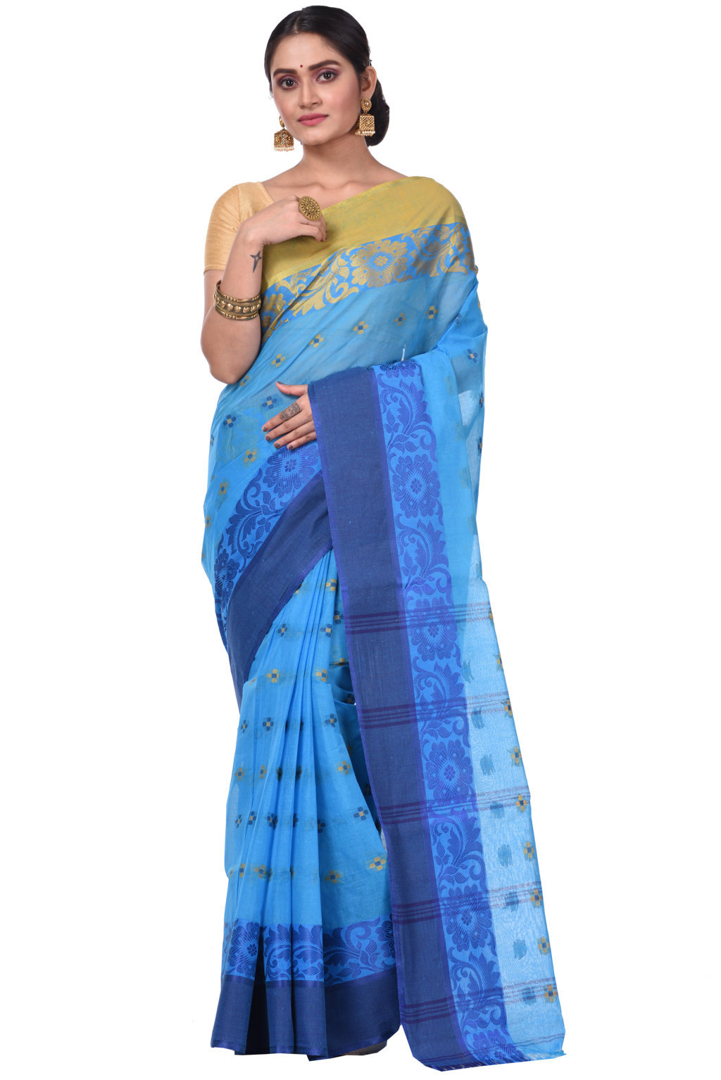 Blue Pure Cotton Ganga Jamuna_Latapar Tant Saree (652)