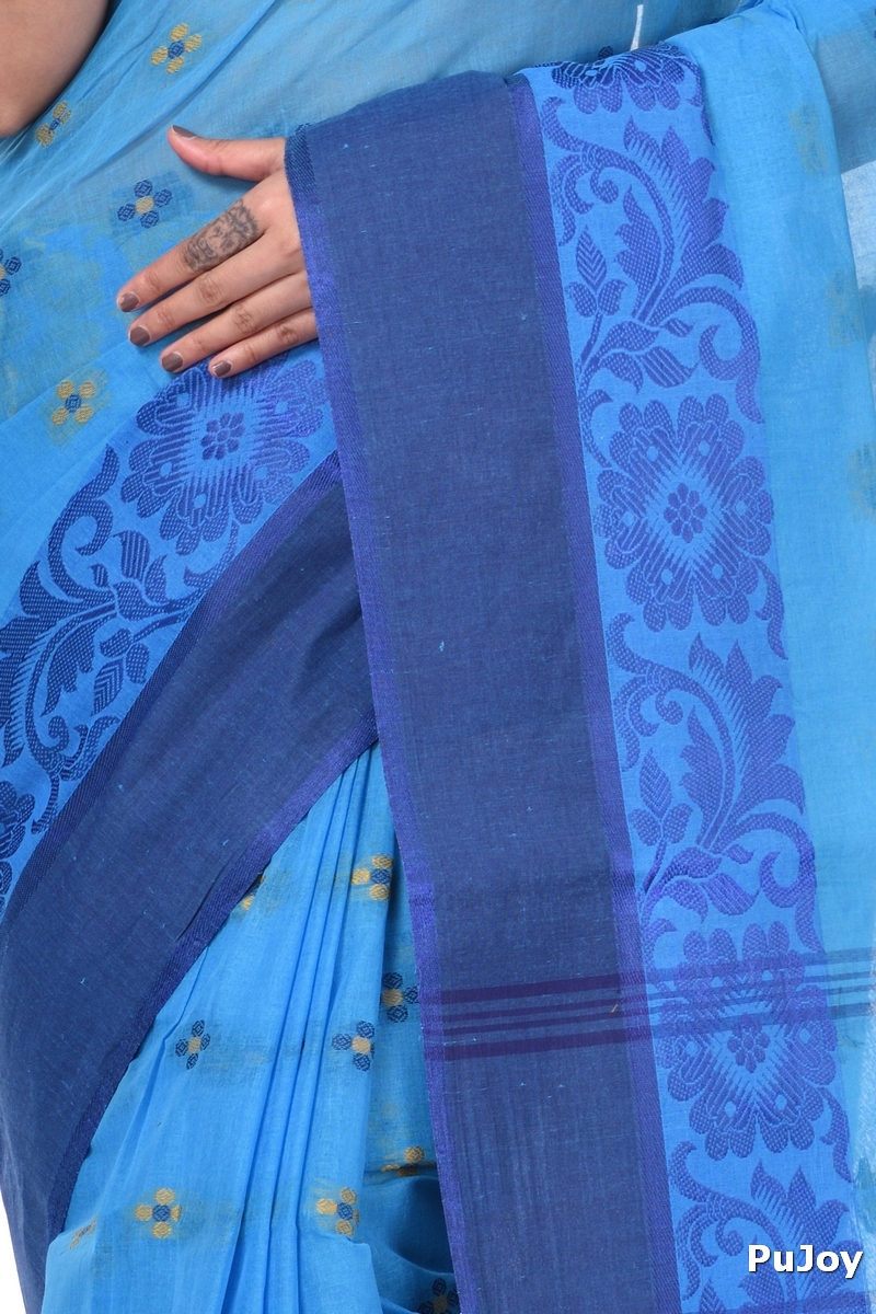 Blue Pure Cotton Ganga Jamuna_Latapar Tant Saree (652)