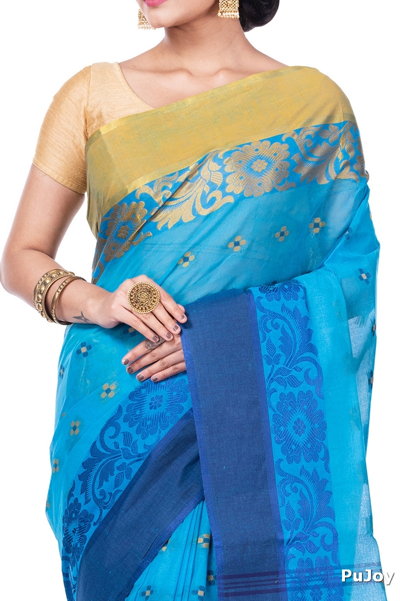 Blue Pure Cotton Ganga Jamuna_Latapar Tant Saree (652)