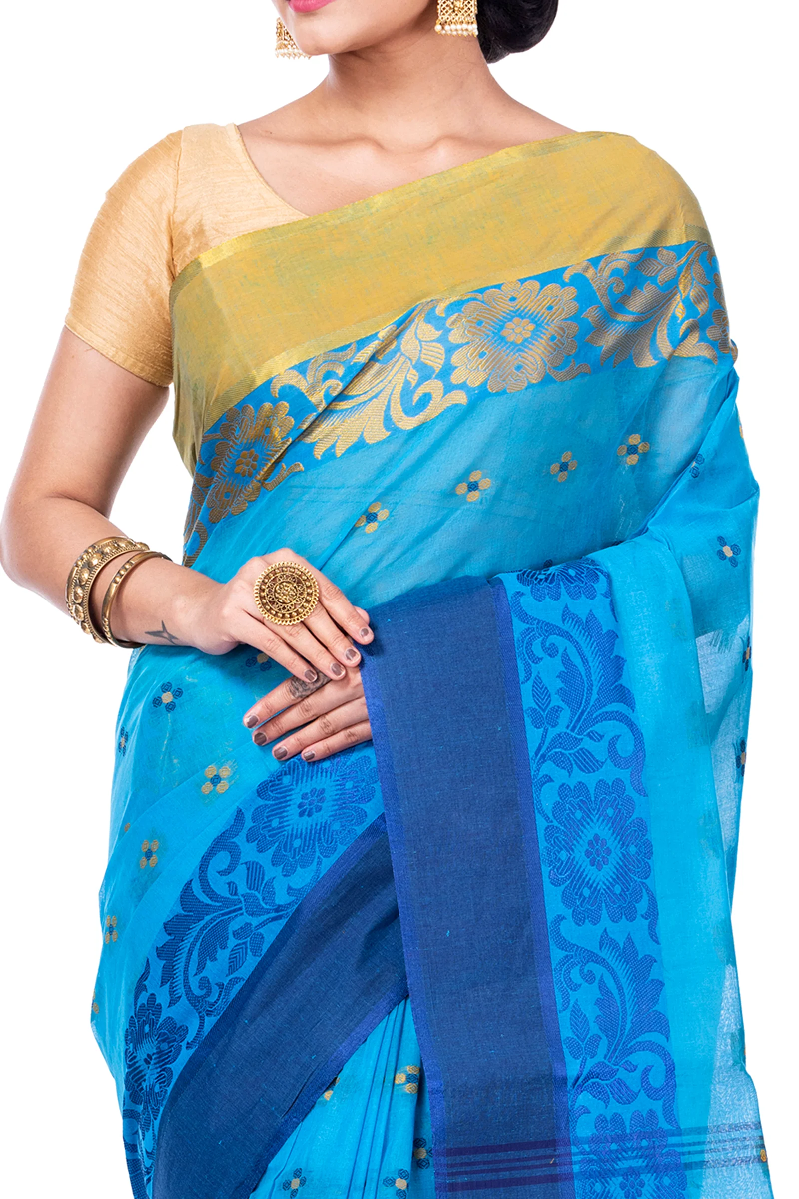 Blue Pure Cotton Ganga Jamuna_Latapar Tant Saree (652)