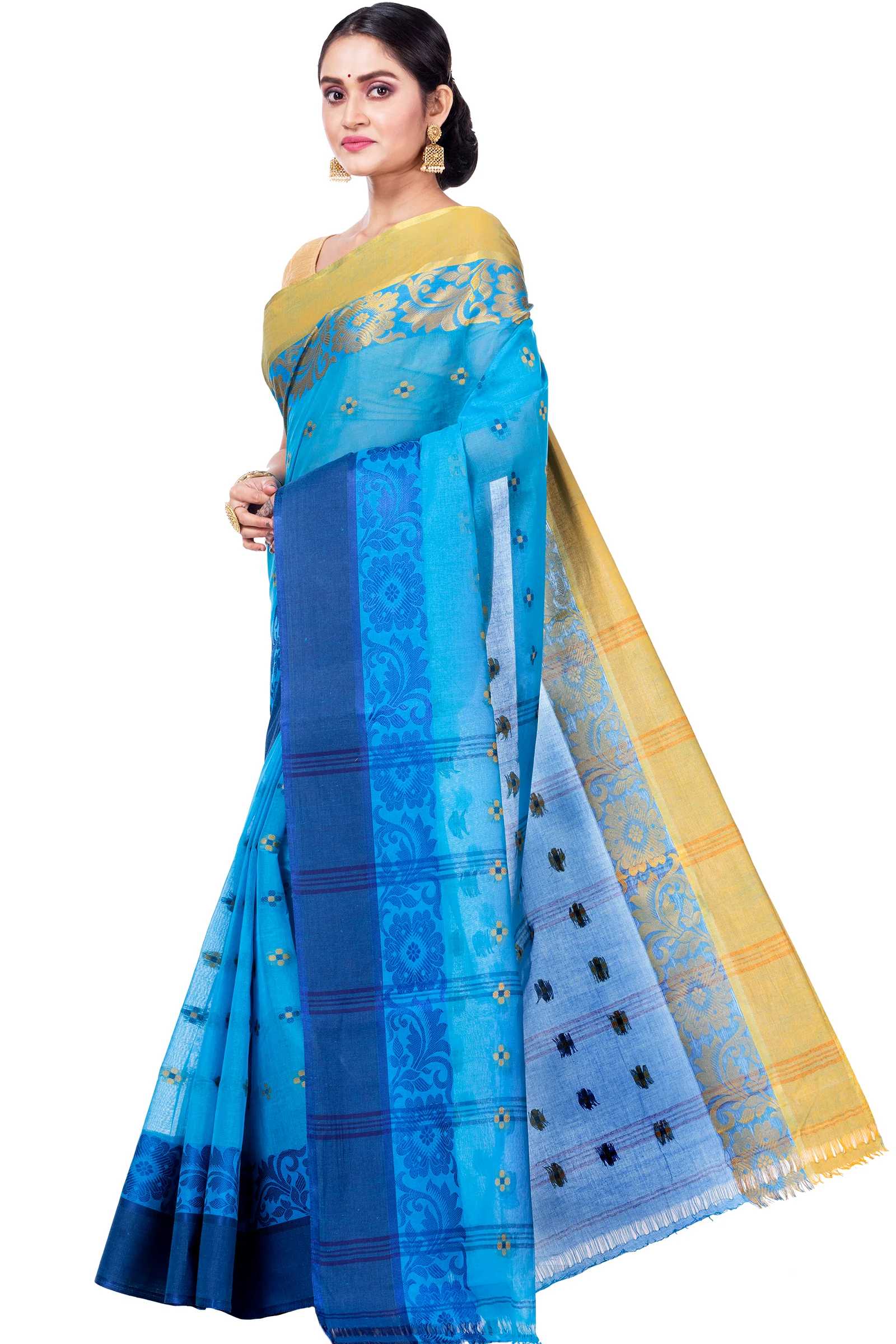 Blue Pure Cotton Ganga Jamuna_Latapar Tant Saree (652)