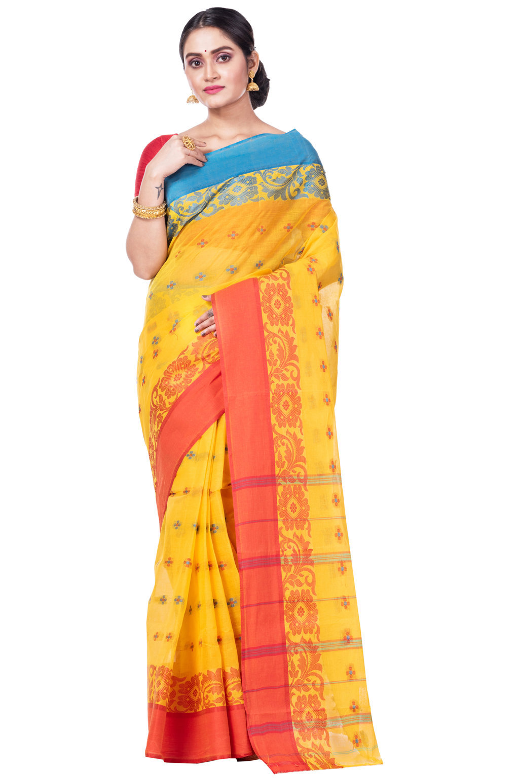 Yellow Pure Cotton Ganga Jamuna_Latapar Tant Saree (654)