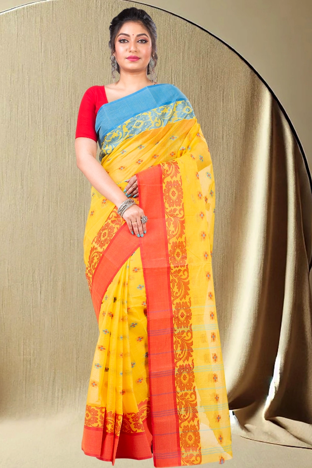 Yellow Pure Cotton Ganga Jamuna_Latapar Tant Saree (654)