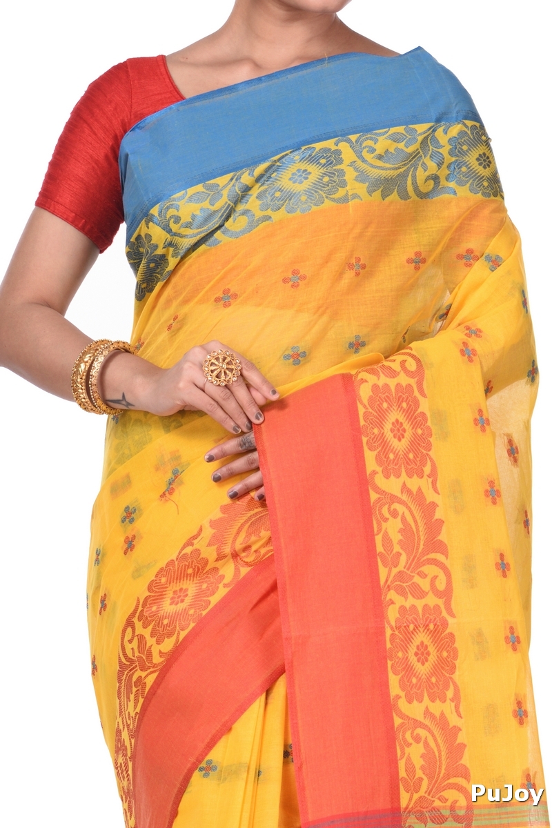 Yellow Pure Cotton Ganga Jamuna_Latapar Tant Saree (654)