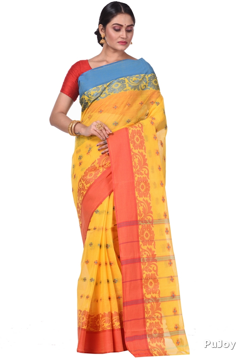 Yellow Pure Cotton Ganga Jamuna_Latapar Tant Saree (654)