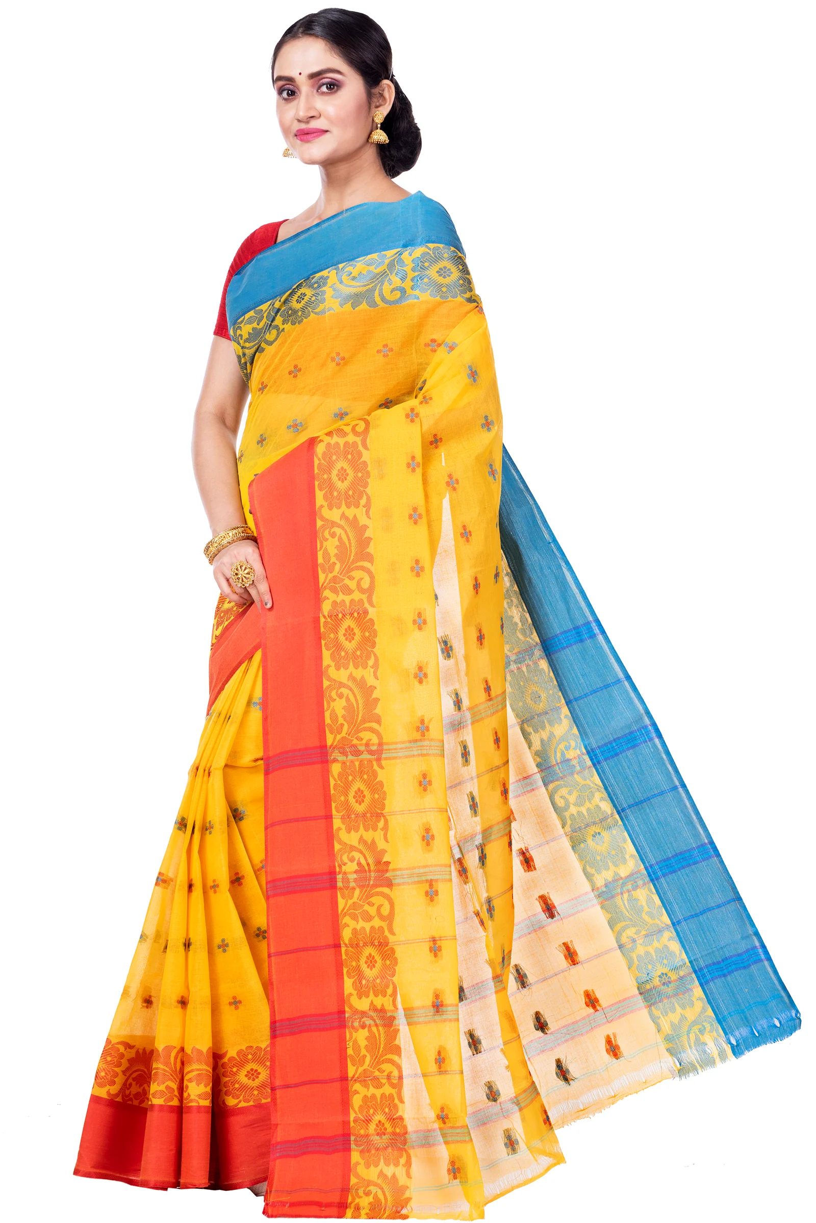 Yellow Pure Cotton Ganga Jamuna_Latapar Tant Saree (654)