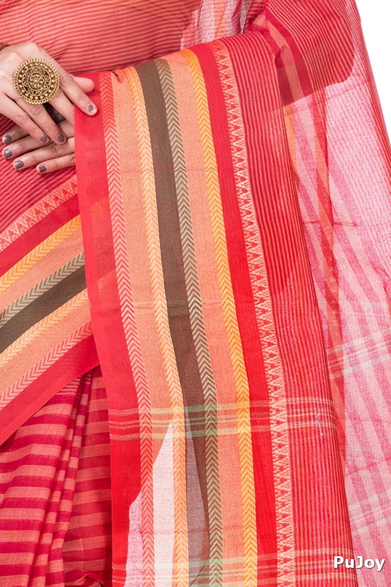 Red Pure Cotton Khajur_Churi_Strip Tant Saree (655)