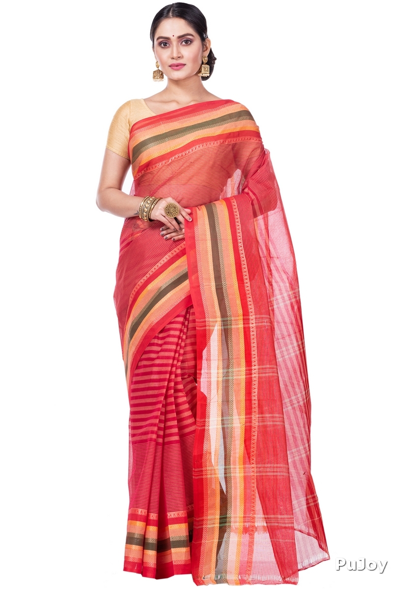 Red Pure Cotton Khajur_Churi_Strip Tant Saree (655)