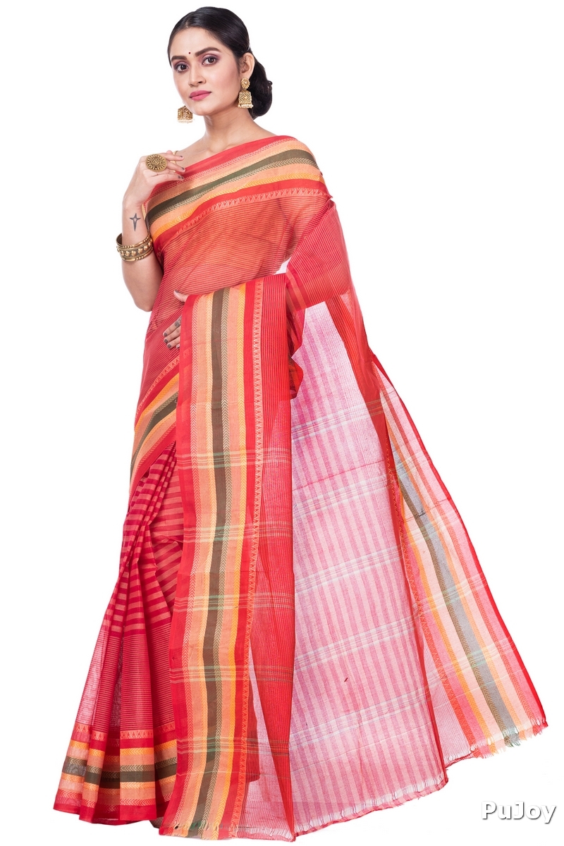 Red Pure Cotton Khajur_Churi_Strip Tant Saree (655)