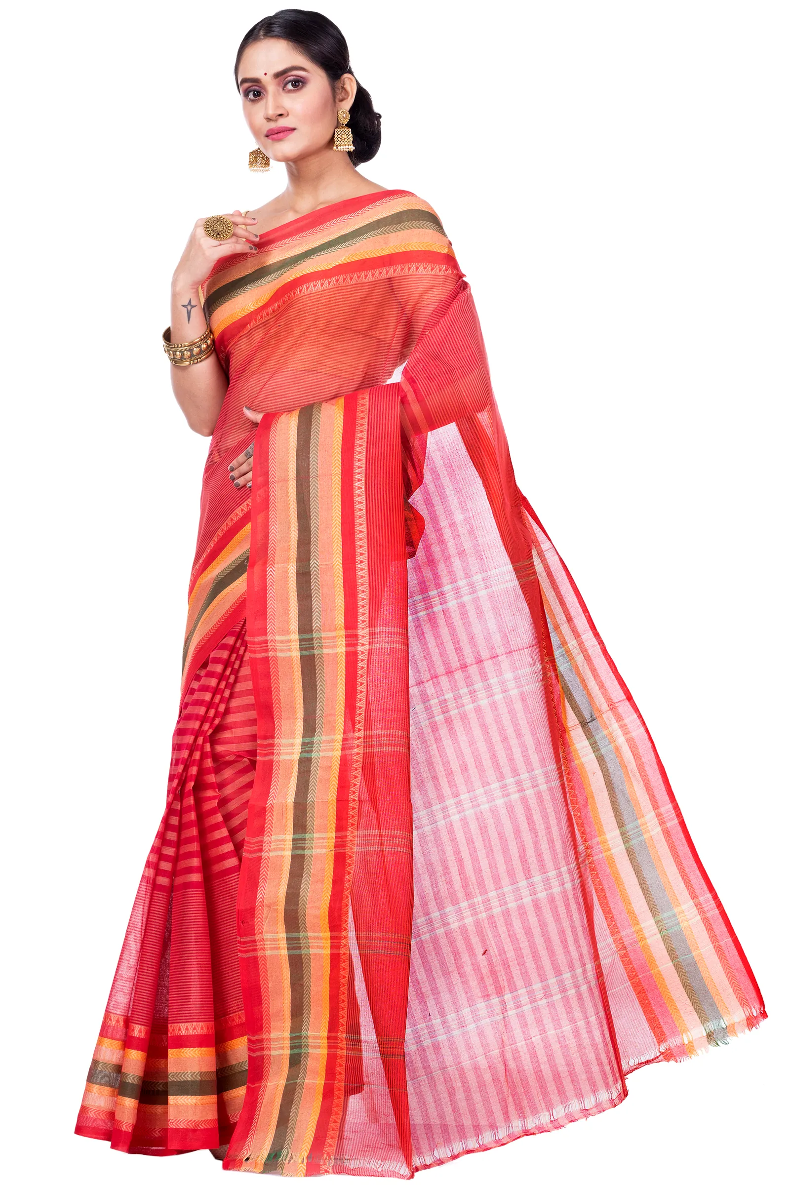 Red Pure Cotton Khajur_Churi_Strip Tant Saree (655)