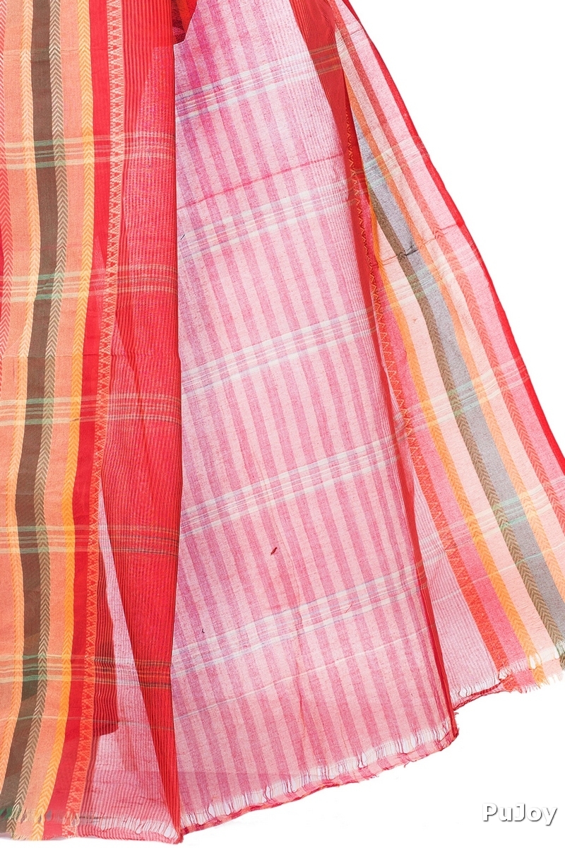 Red Pure Cotton Khajur_Churi_Strip Tant Saree (655)