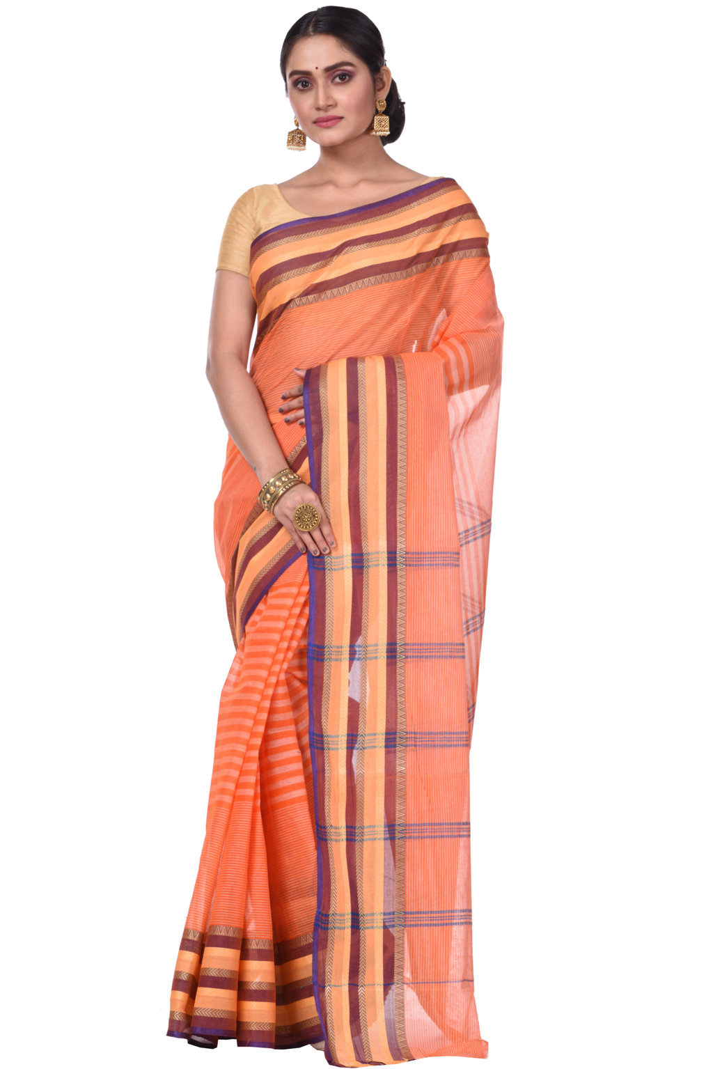 Orange Pure Cotton Khajur_Churi_Strip Tant Saree (656)