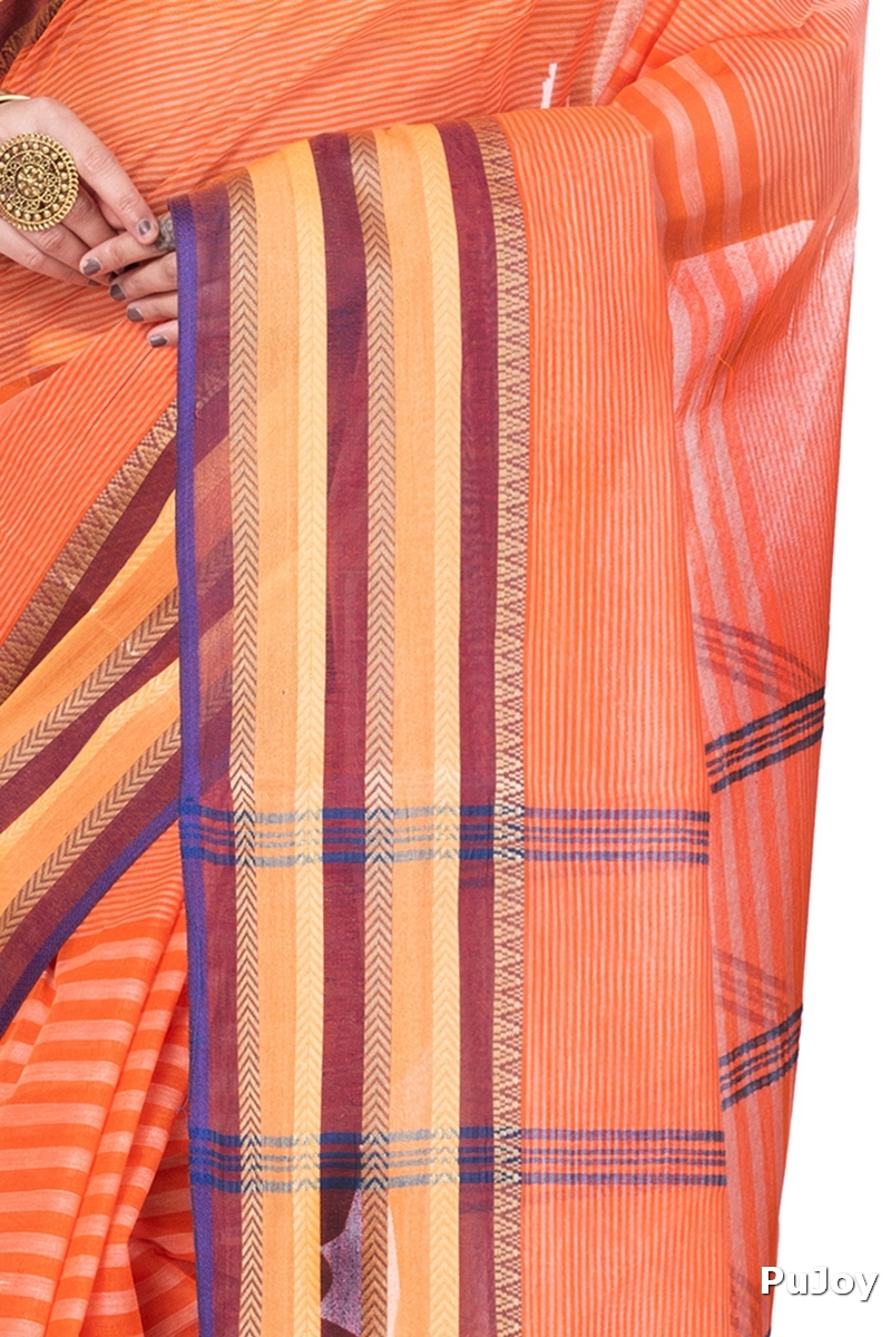Orange Pure Cotton Khajur_Churi_Strip Tant Saree (656)