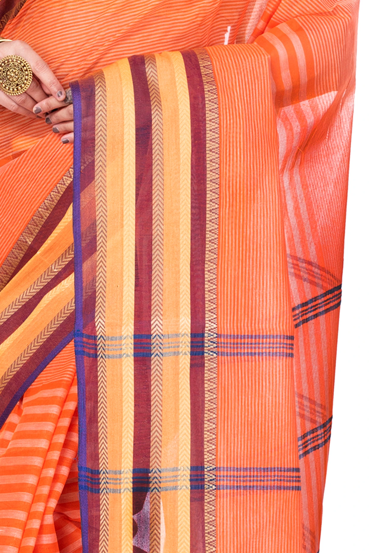 Orange Pure Cotton Khajur_Churi_Strip Tant Saree (656)