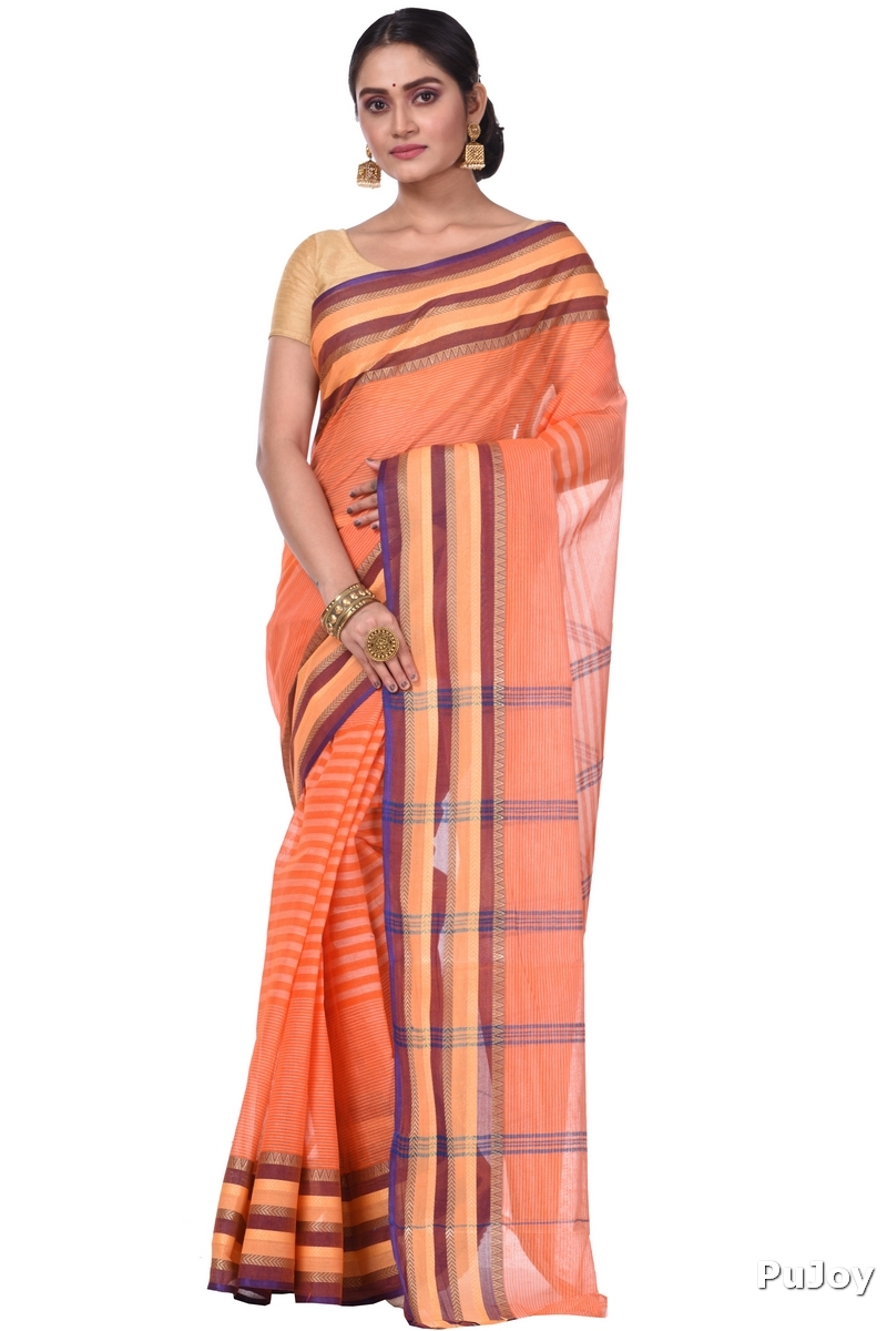 Orange Pure Cotton Khajur_Churi_Strip Tant Saree (656)