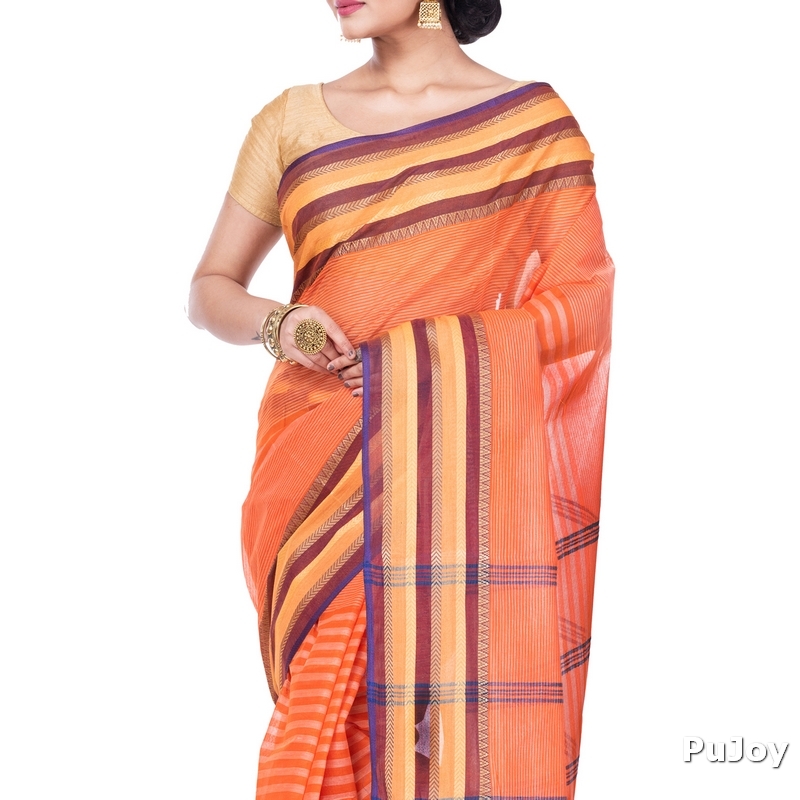 Orange Pure Cotton Khajur_Churi_Strip Tant Saree (656)
