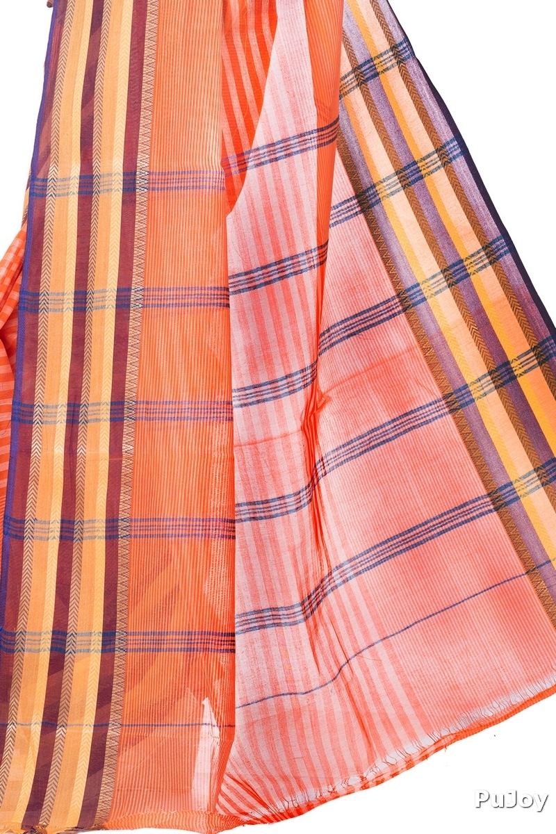 Orange Pure Cotton Khajur_Churi_Strip Tant Saree (656)