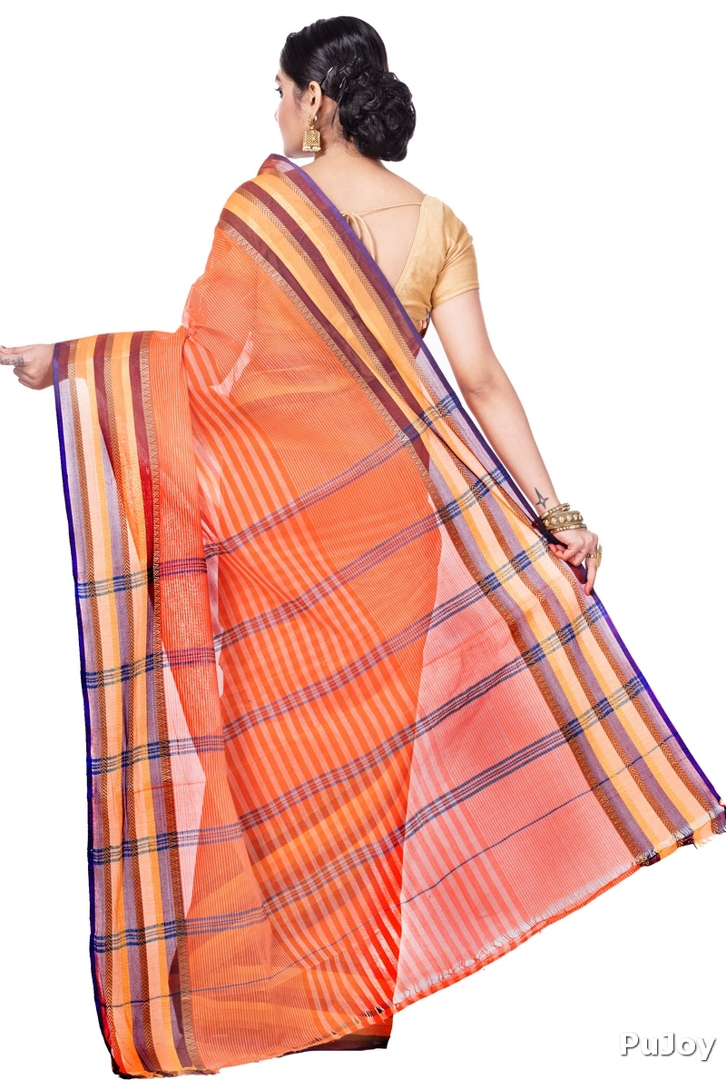 Orange Pure Cotton Khajur_Churi_Strip Tant Saree (656)