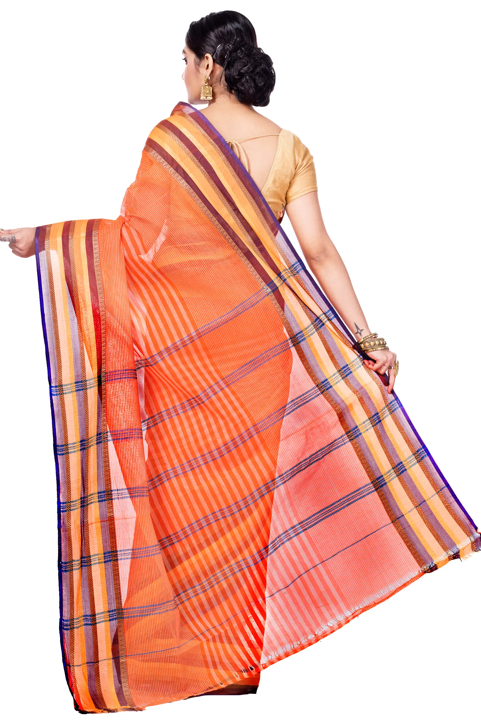 Orange Pure Cotton Khajur_Churi_Strip Tant Saree (656)