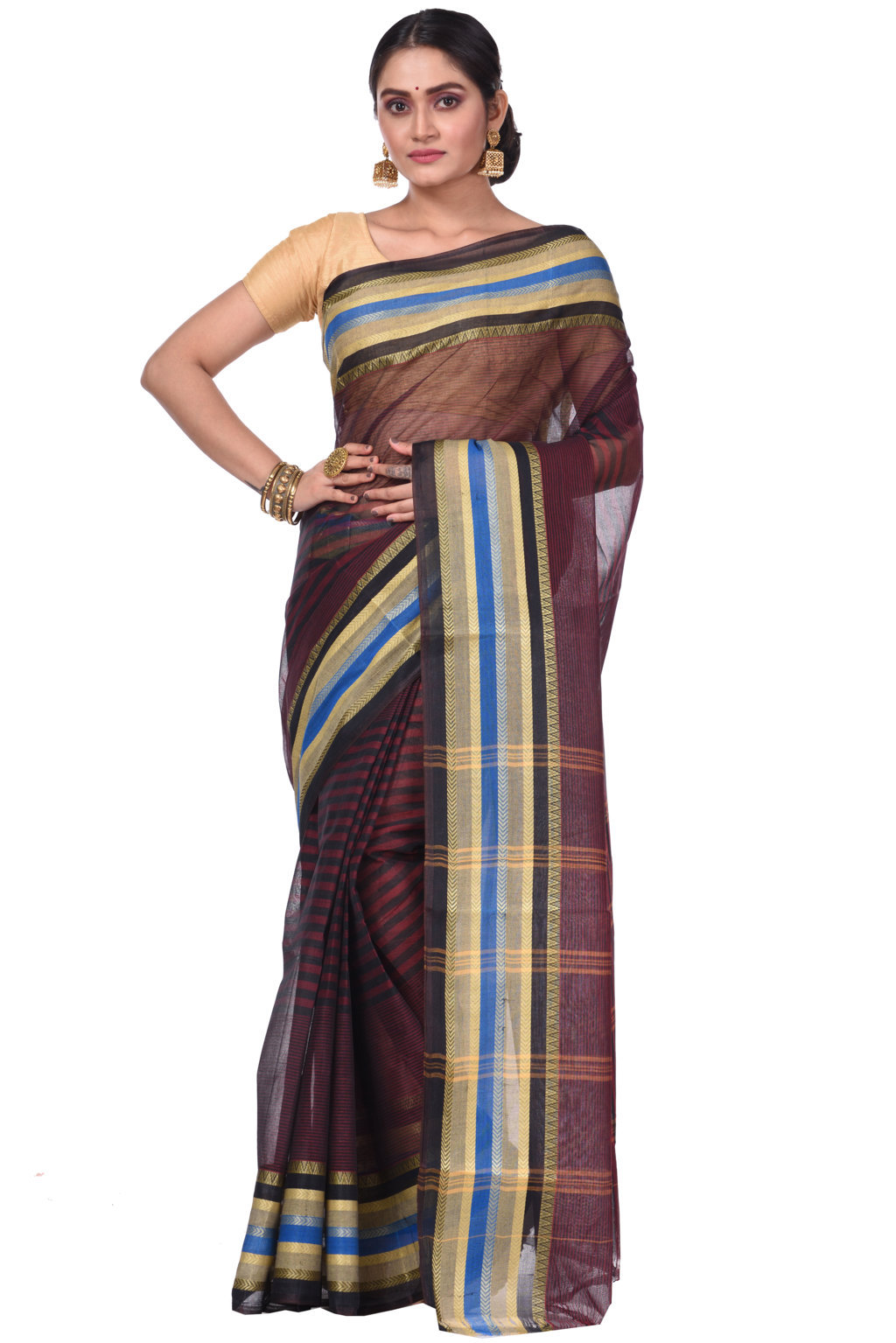 Brown Pure Cotton Khajur_Churi_Strip Tant Saree (657)