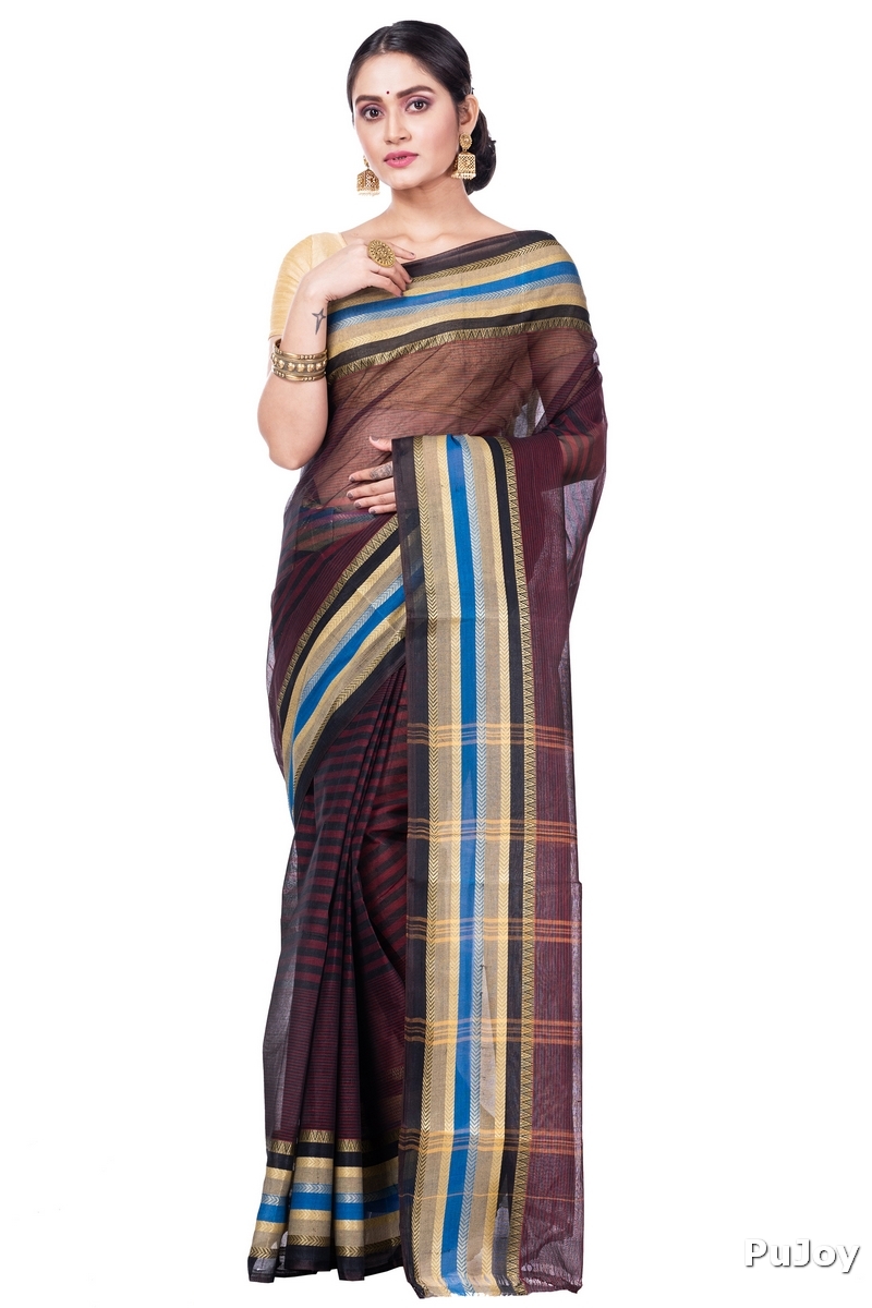 Brown Pure Cotton Khajur_Churi_Strip Tant Saree (657)