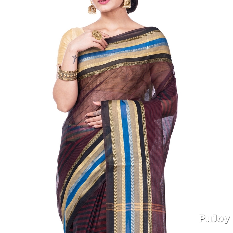 Brown Pure Cotton Khajur_Churi_Strip Tant Saree (657)