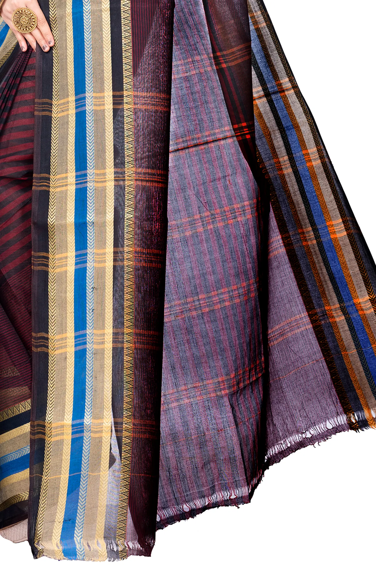 Brown Pure Cotton Khajur_Churi_Strip Tant Saree (657)