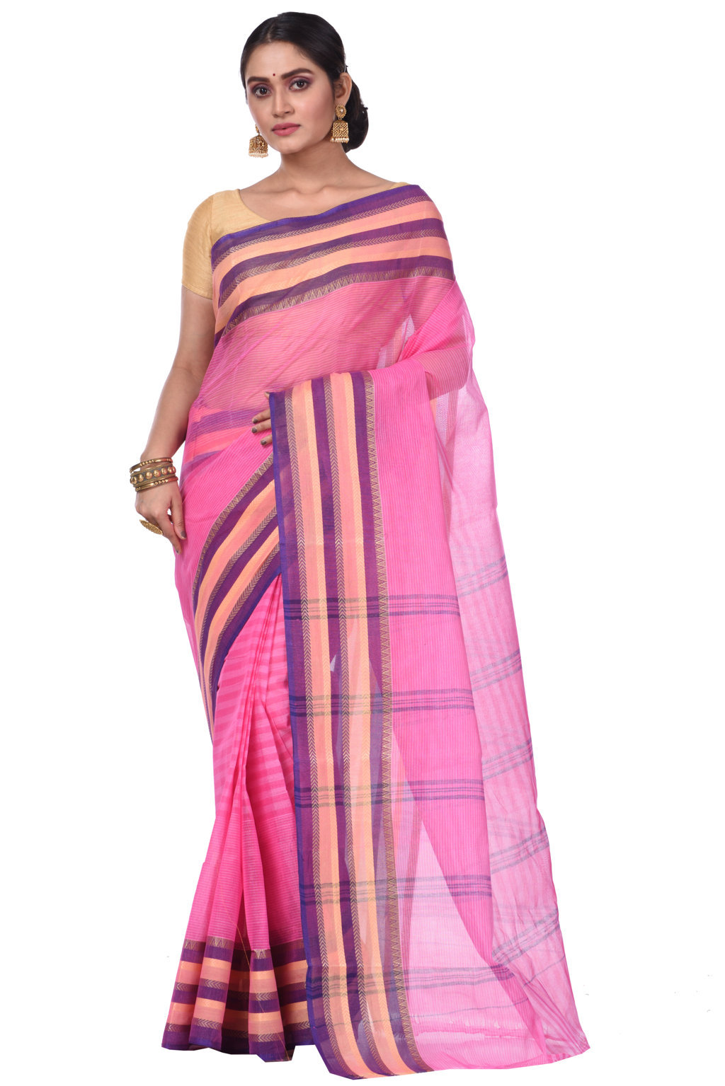 Pink Pure Cotton Khajur_Churi_Strip Tant Saree (658)