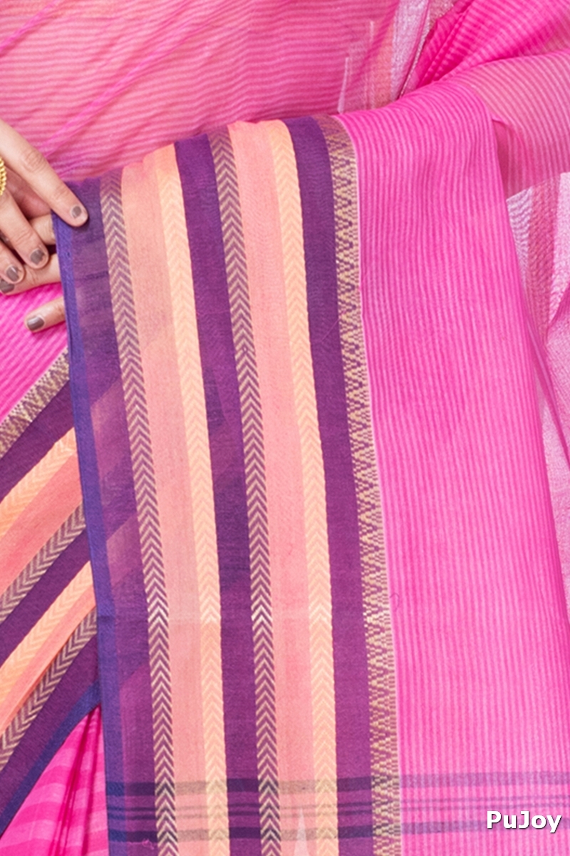 Pink Pure Cotton Khajur_Churi_Strip Tant Saree (658)