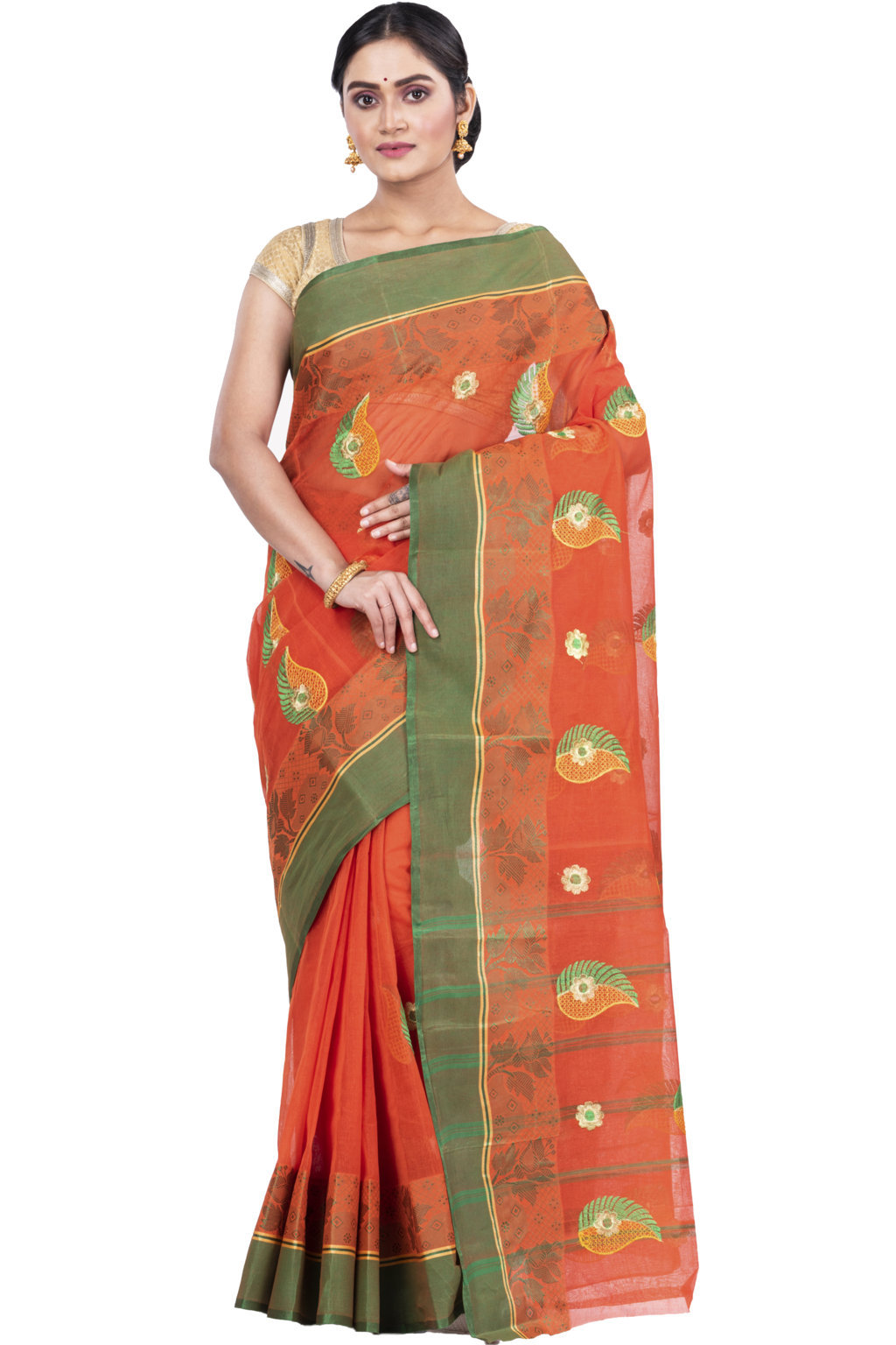 Orange Pure Cotton Shanko_Embro Tant Embroidery (664)