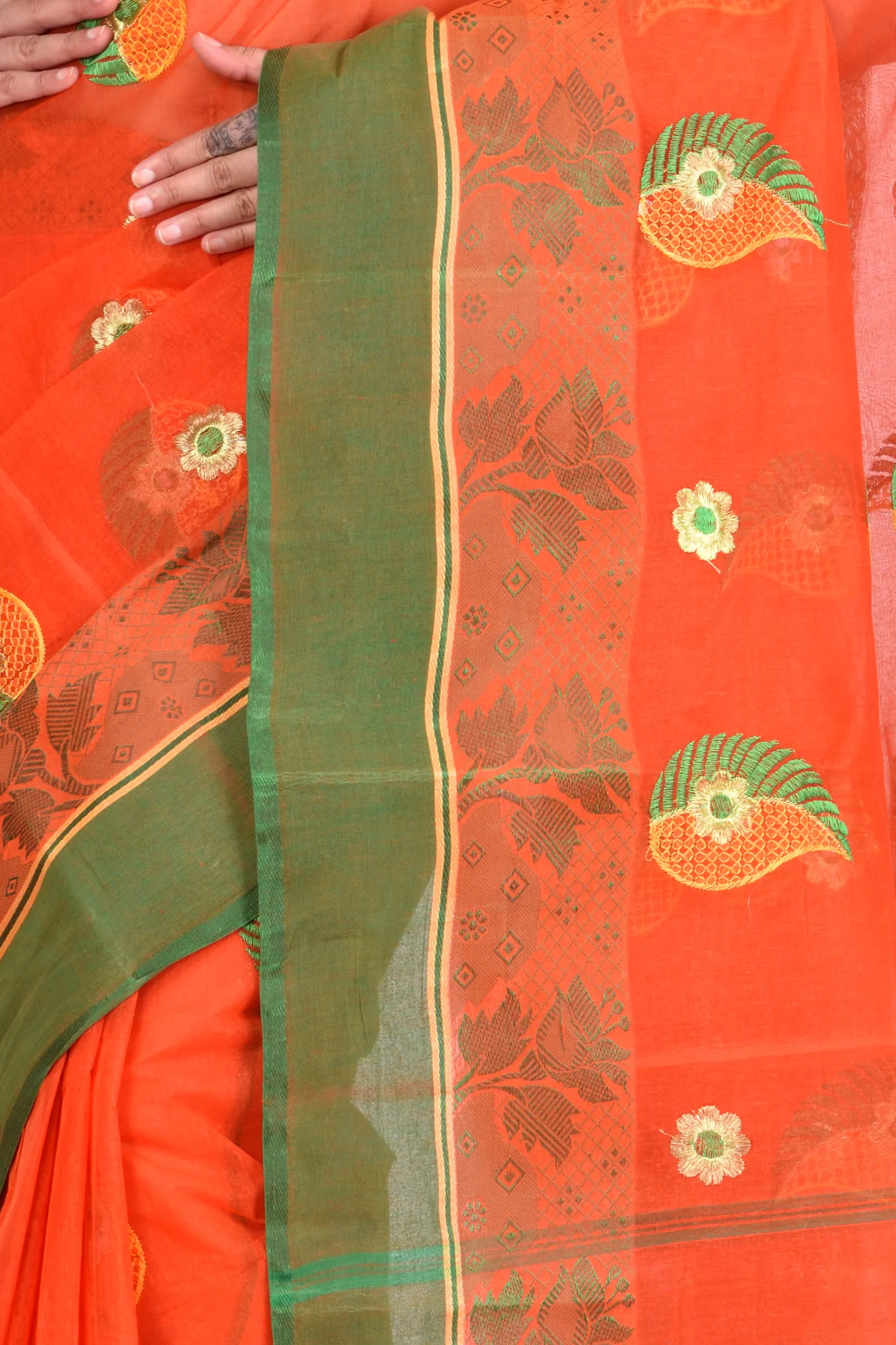 Orange Pure Cotton Shanko_Embro Tant Embroidery (664)