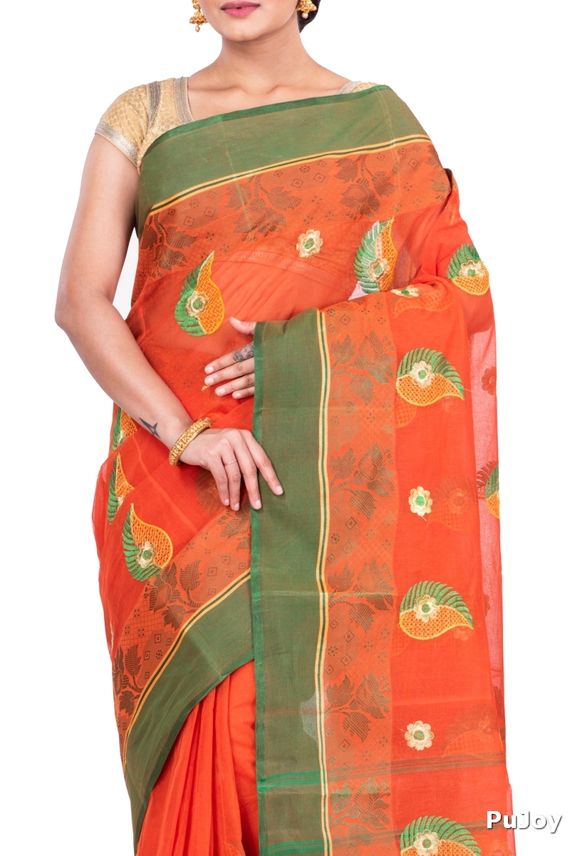 Orange Pure Cotton Shanko_Embro Tant Embroidery (664)