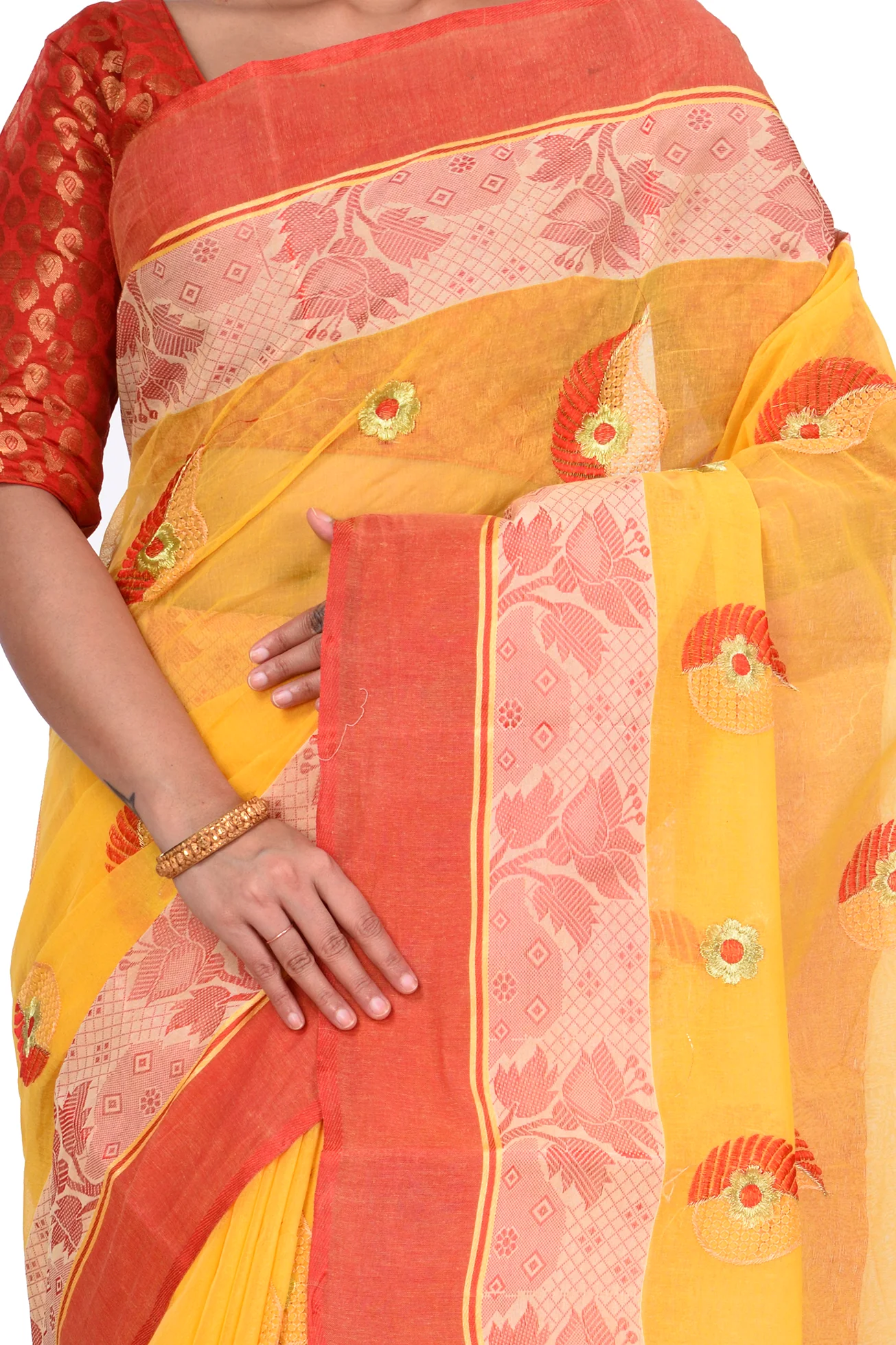 Yellow Pure Cotton Shanko_Embro Tant Embroidery (665)