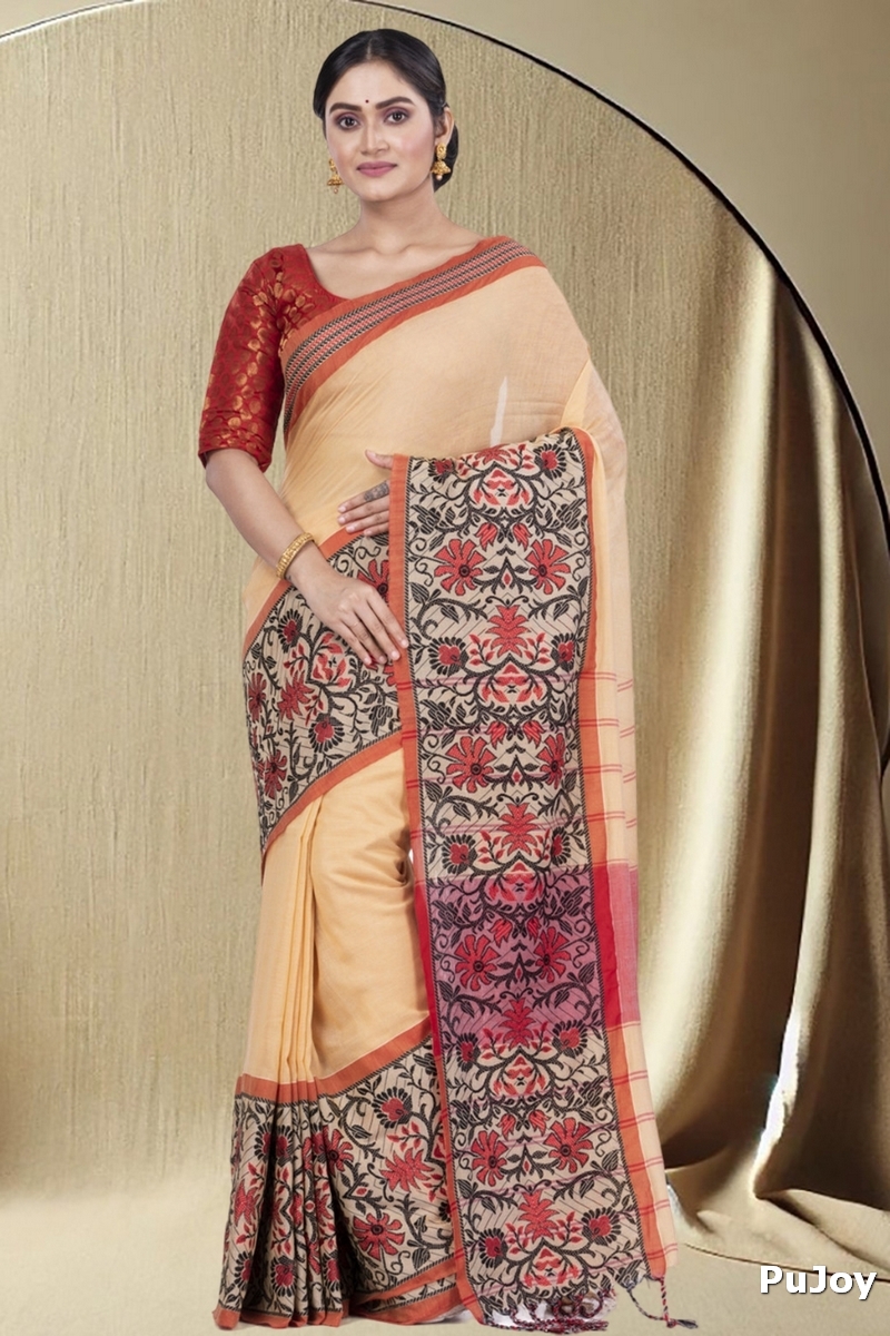 Cream Pure Cotton Begompuri_Hand Hand Loom Saree (669)
