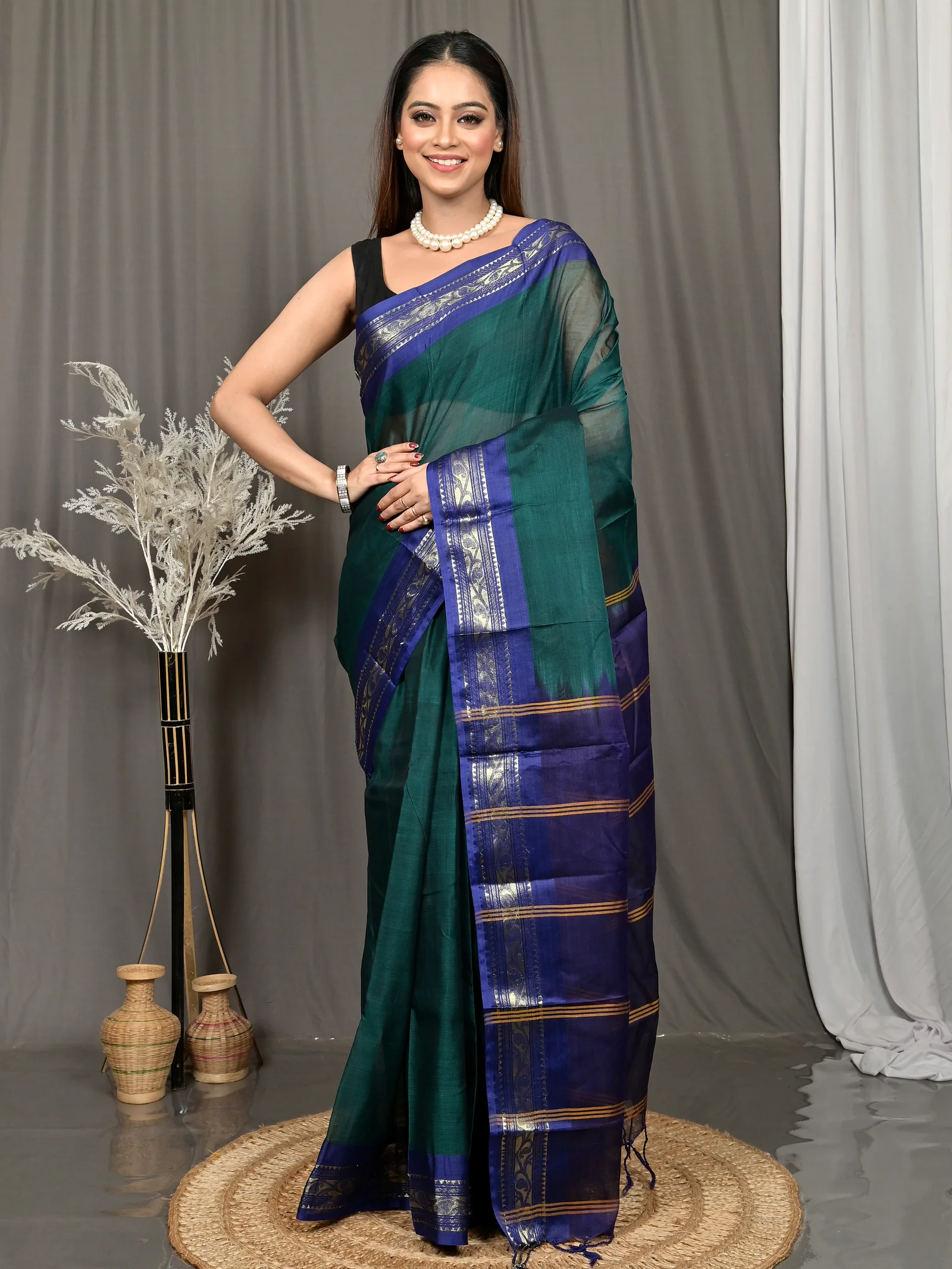 Dark Green Blue Cotton Parlik Gadwal Saree  (67)